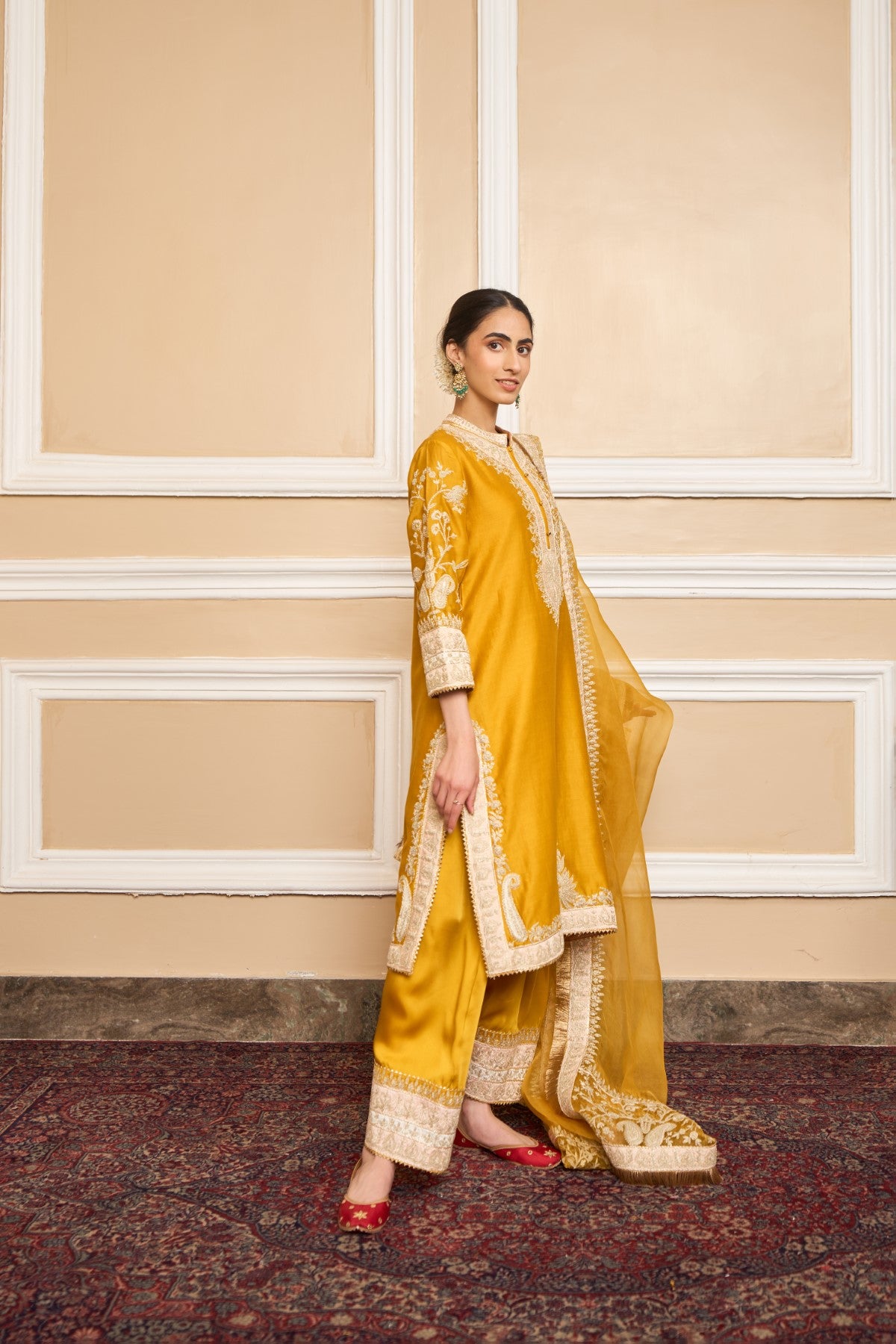 Samridhi Dhillon IN RESHAM - GLAZE MUSTARD SHORT KURTA WITH SALWAR AND DUPATTA