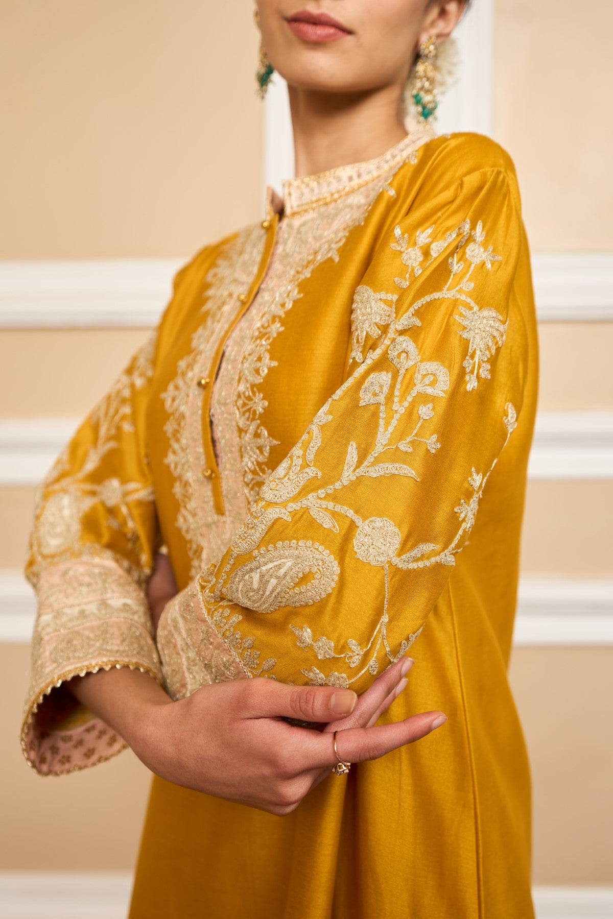 Samridhi Dhillon IN RESHAM - GLAZE MUSTARD SHORT KURTA WITH SALWAR AND DUPATTA