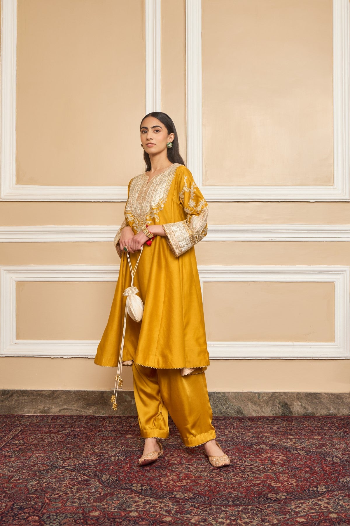 Dhriti Mehra IN MOHSINA - GLAZE MUSTARD SHORT KALIDAAR CHOGA WITH SALWAR