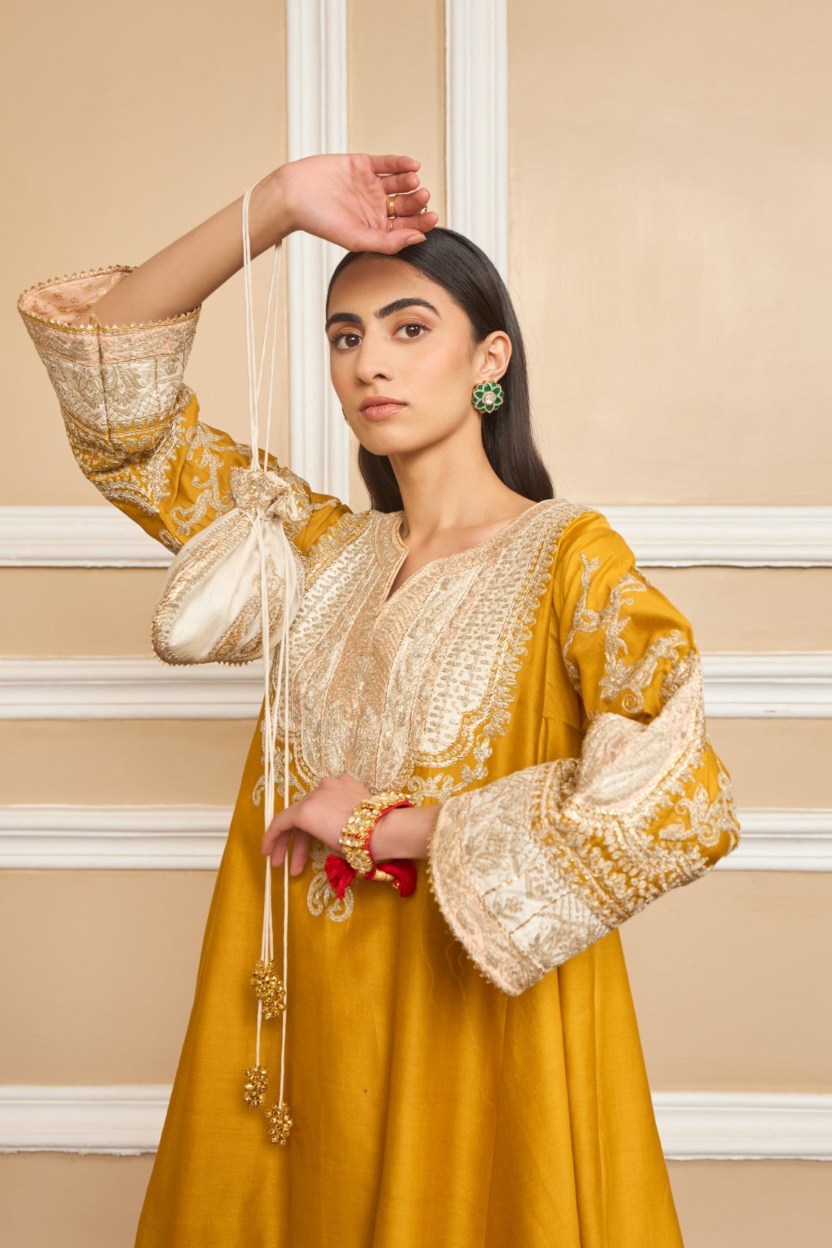 Dhriti Mehra IN MOHSINA - GLAZE MUSTARD SHORT KALIDAAR CHOGA WITH SALWAR