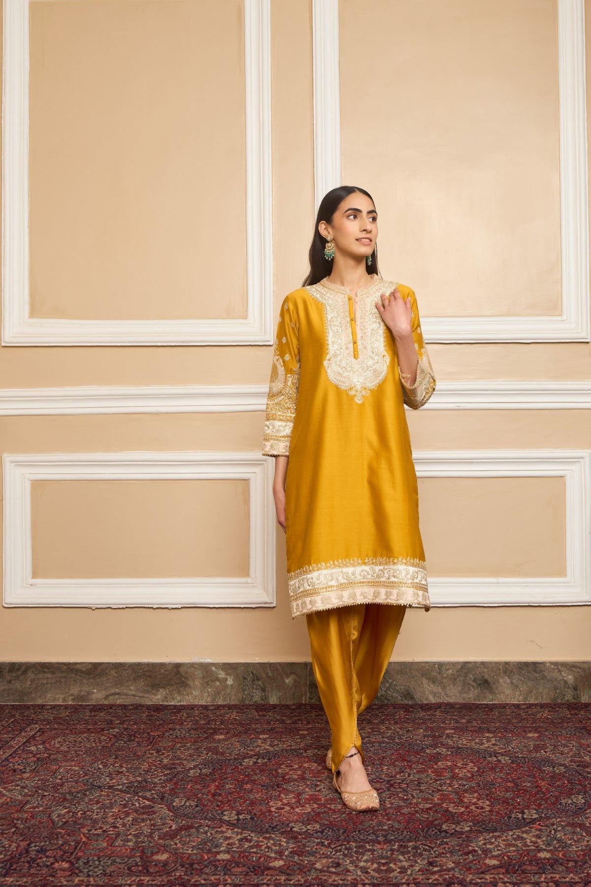 Divya Boppana In MYREEN - GLAZE MUSTARD KURTA WITH DHOTI