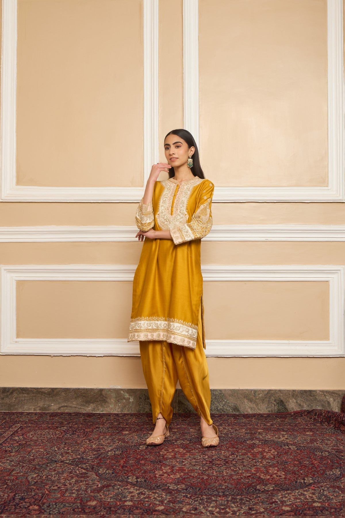 Divya Boppana In MYREEN - GLAZE MUSTARD KURTA WITH DHOTI