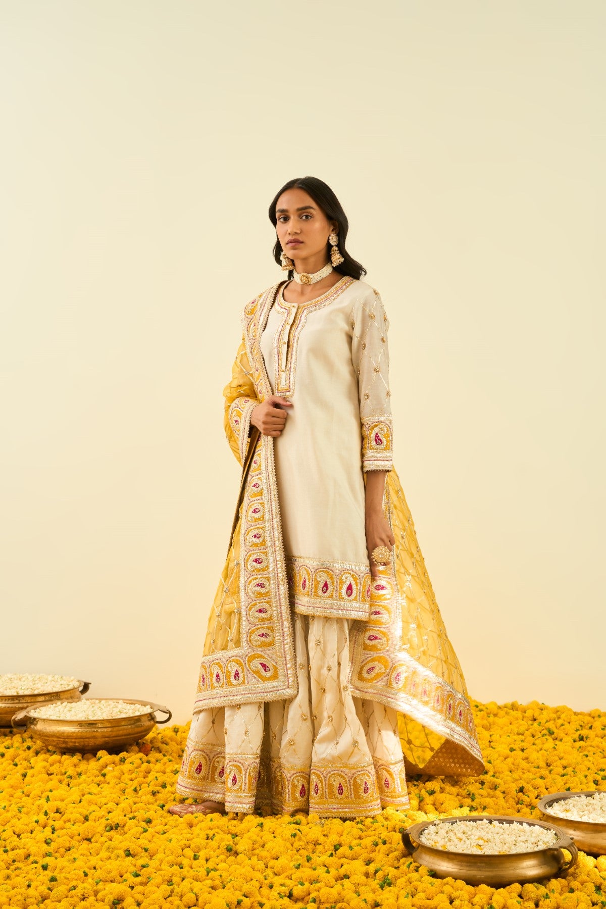 Shabina- Daisy Ivory short kurta with garara and dupatta