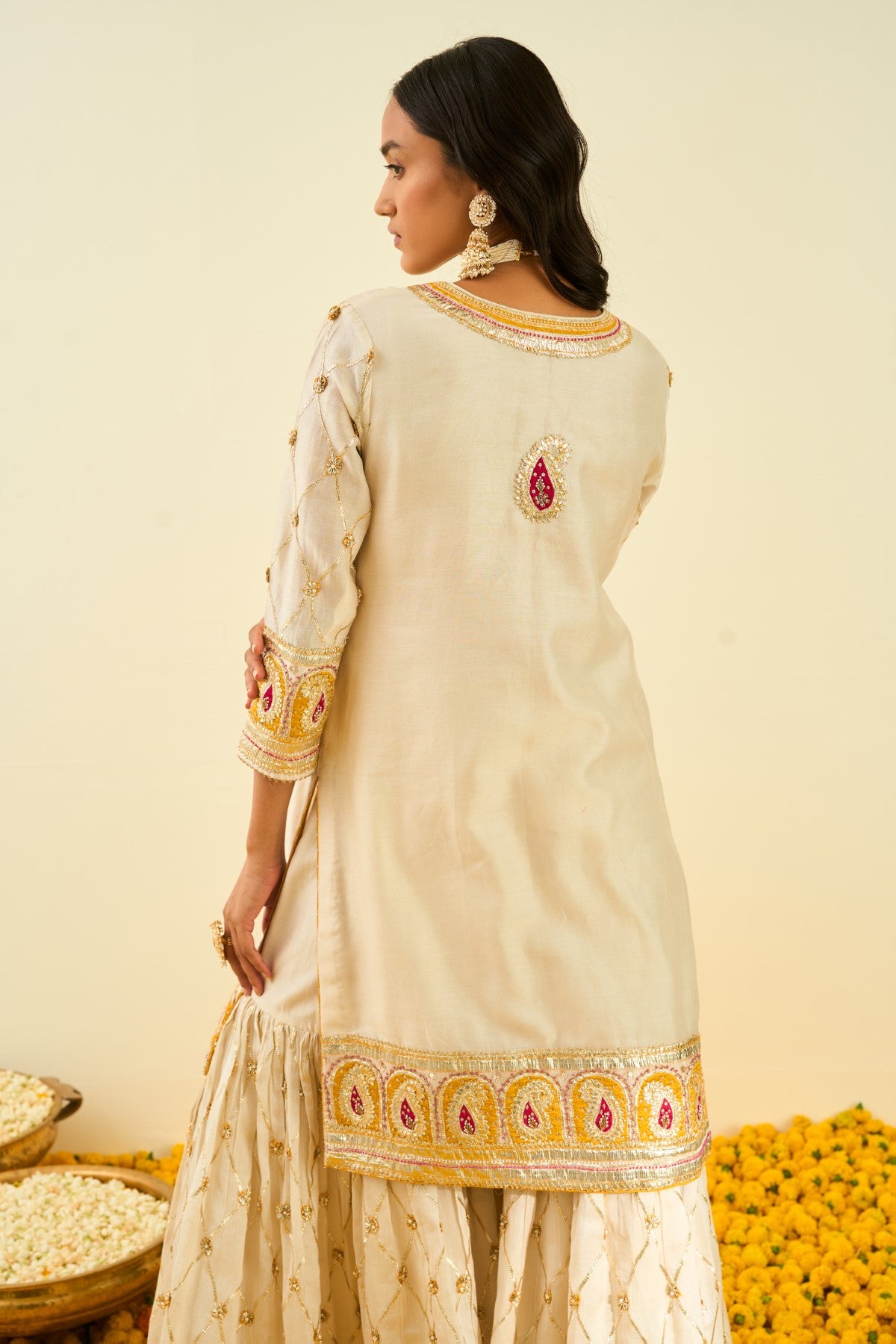 Shabina- Daisy Ivory short kurta with garara and dupatta