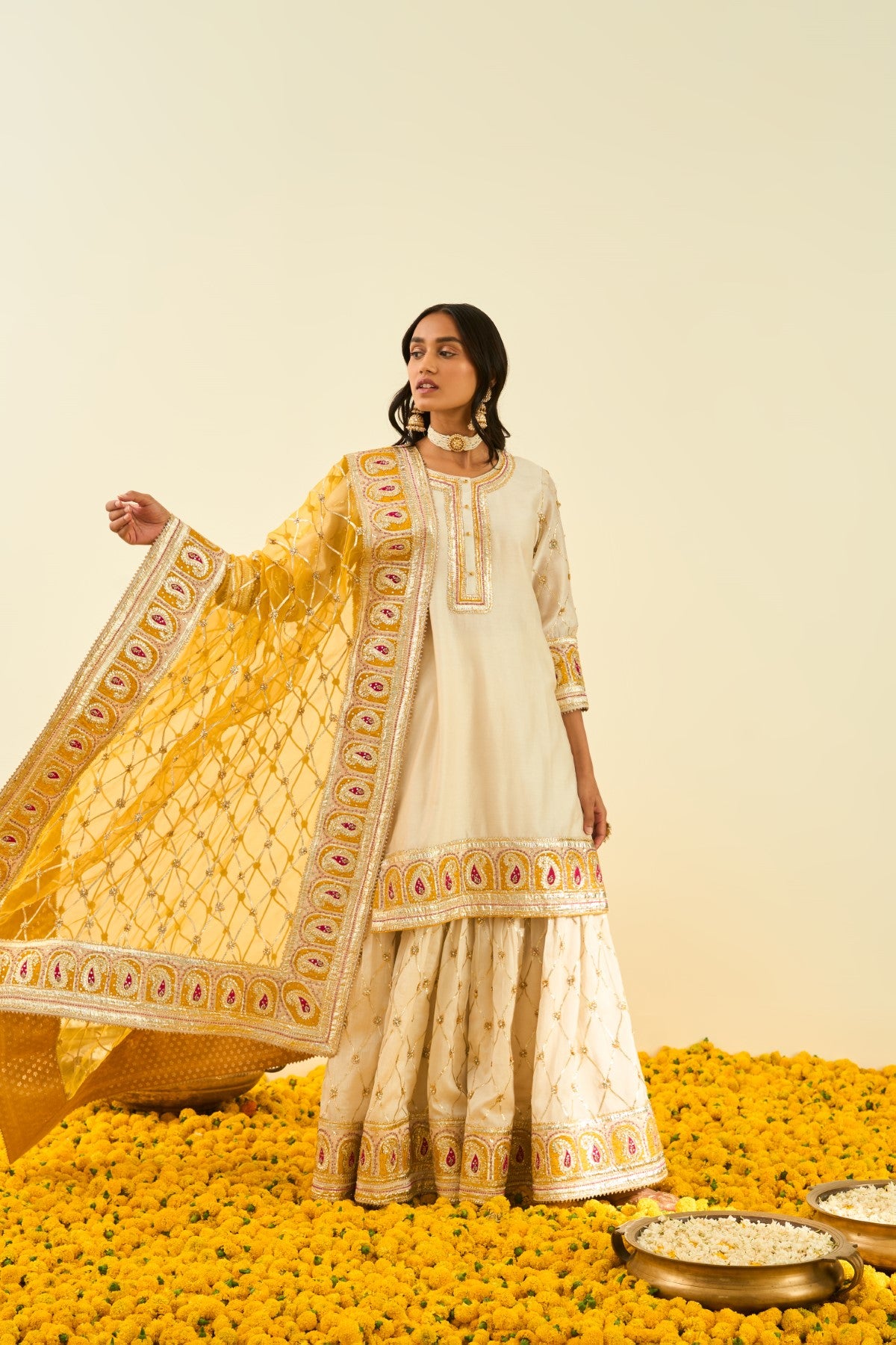 Shabina- Daisy Ivory short kurta with garara and dupatta