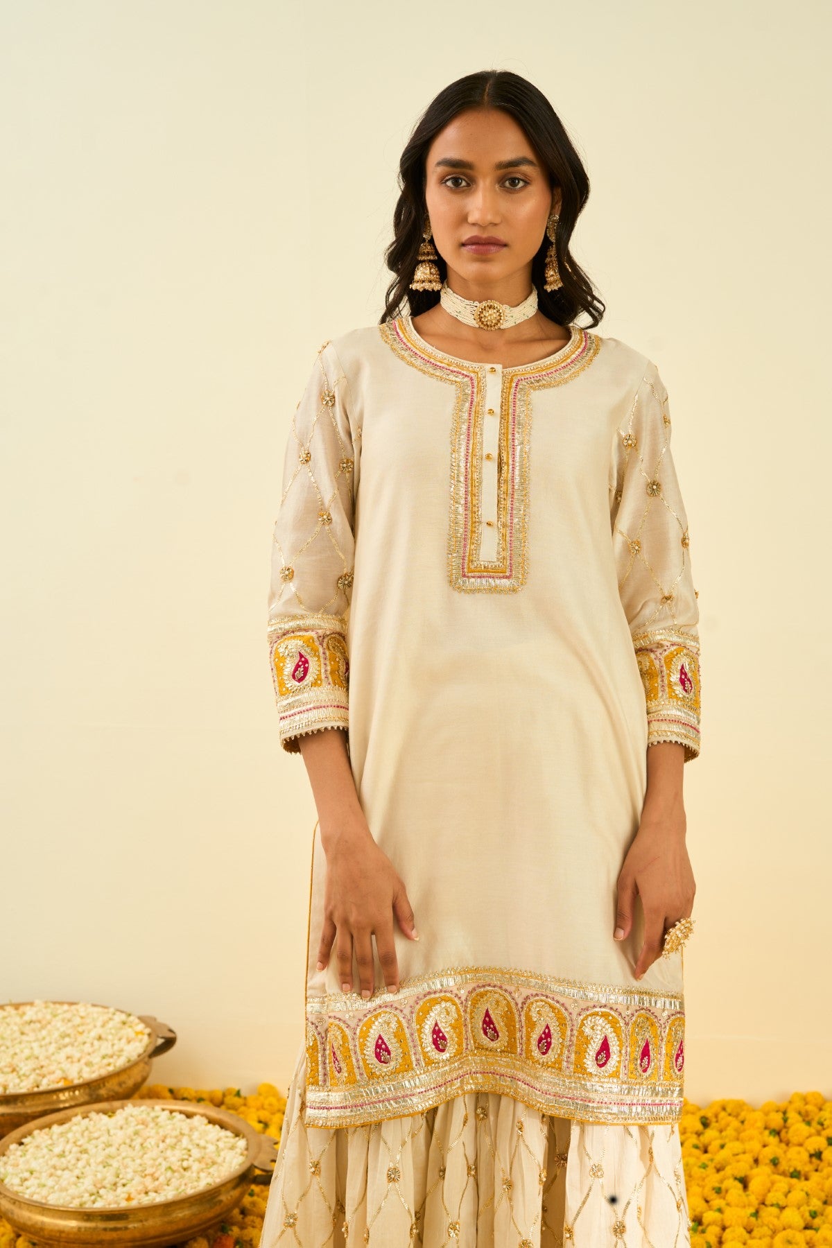 Shabina- Daisy Ivory short kurta with garara and dupatta