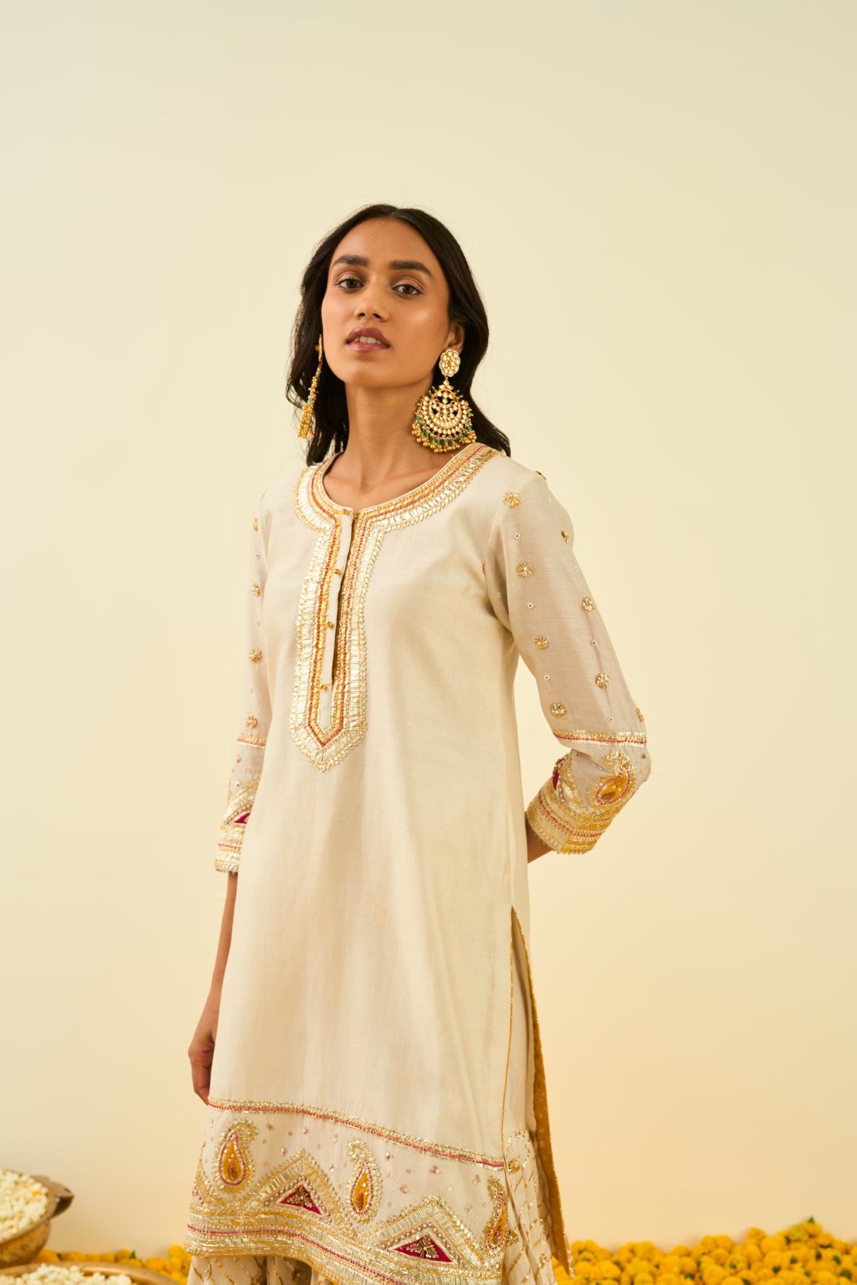 Shafna Daisy Ivory short kurta with garara and dupatta