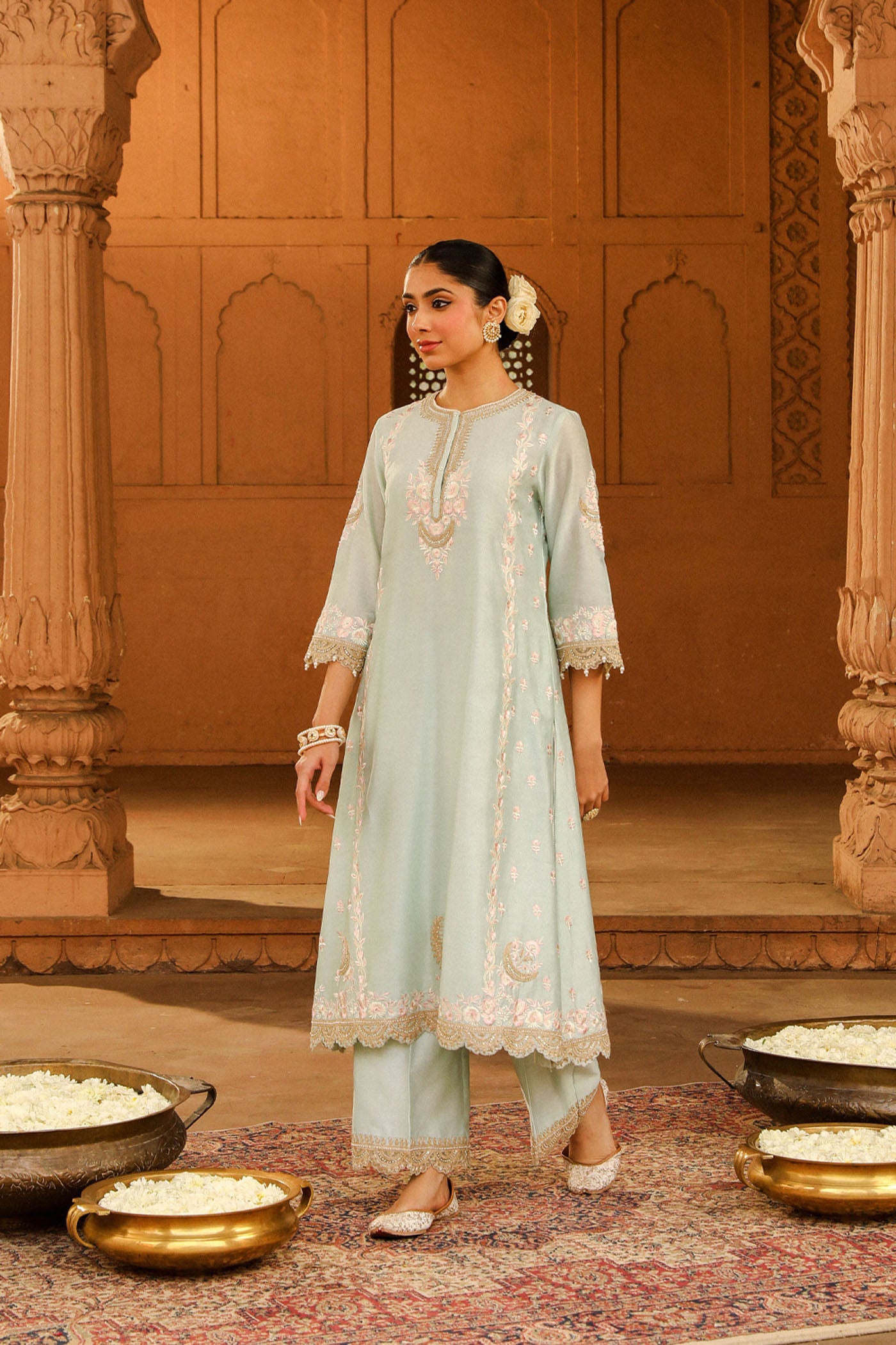 Yasna - Misty Green Long kurta with palazzo and dupatta