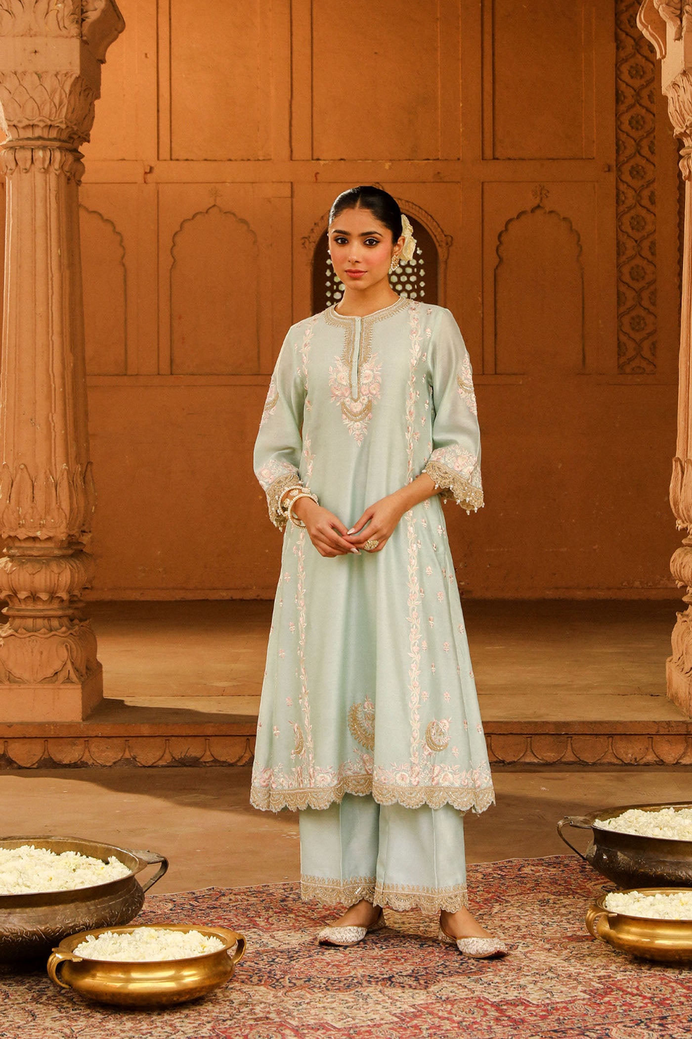 Yasna - Misty Green Long kurta with palazzo and dupatta