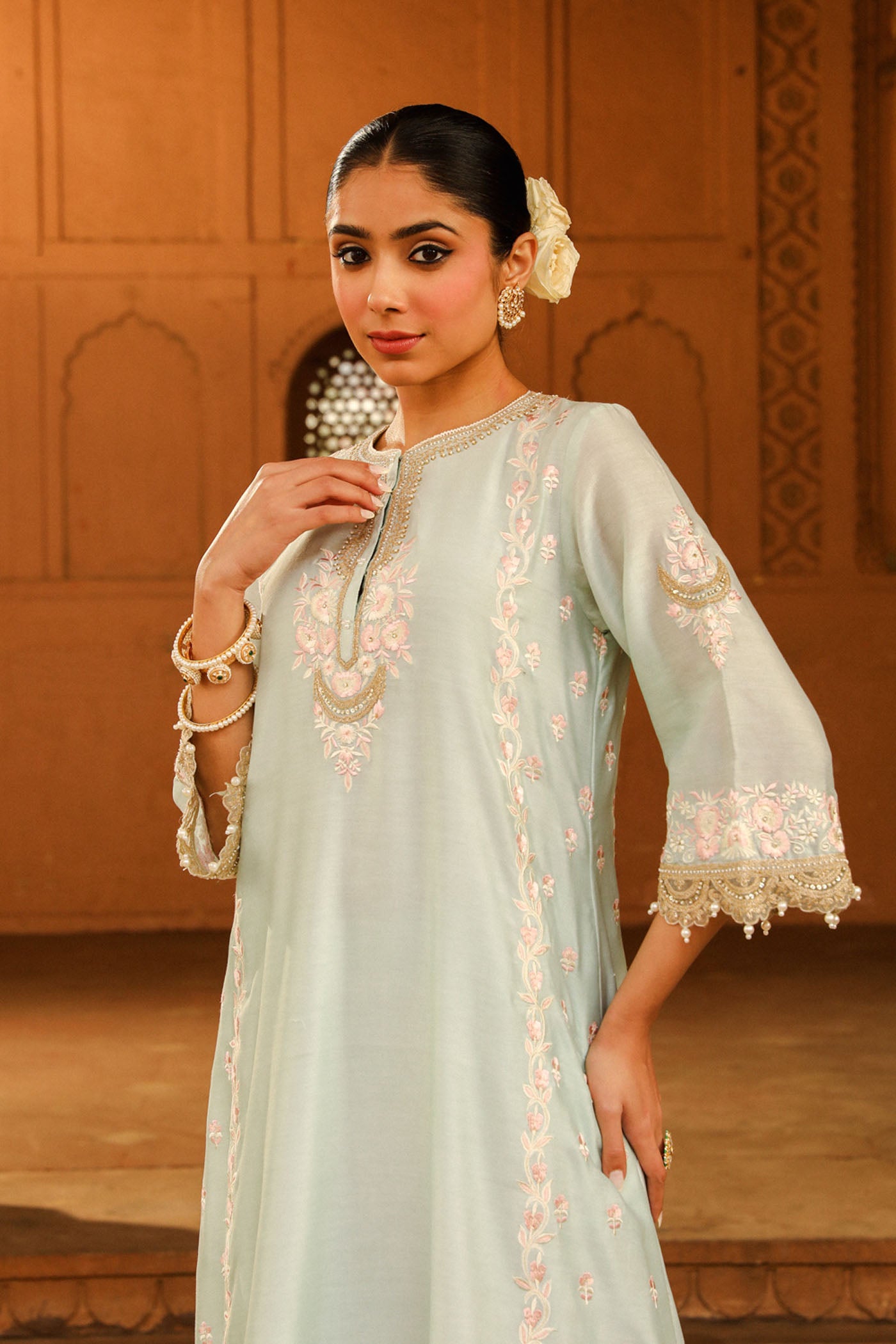 Yasna - Misty Green Long kurta with palazzo and dupatta