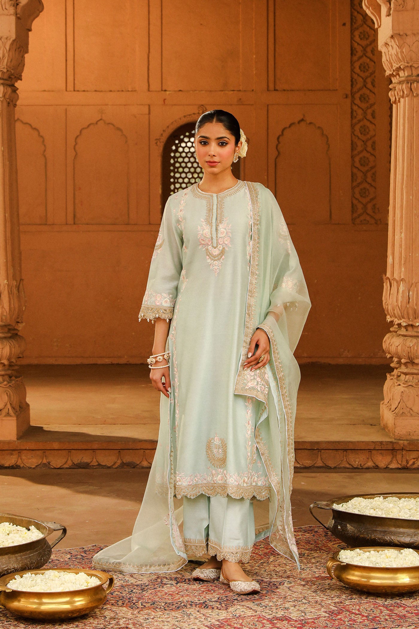 Yasna - Misty Green Long kurta with palazzo and dupatta