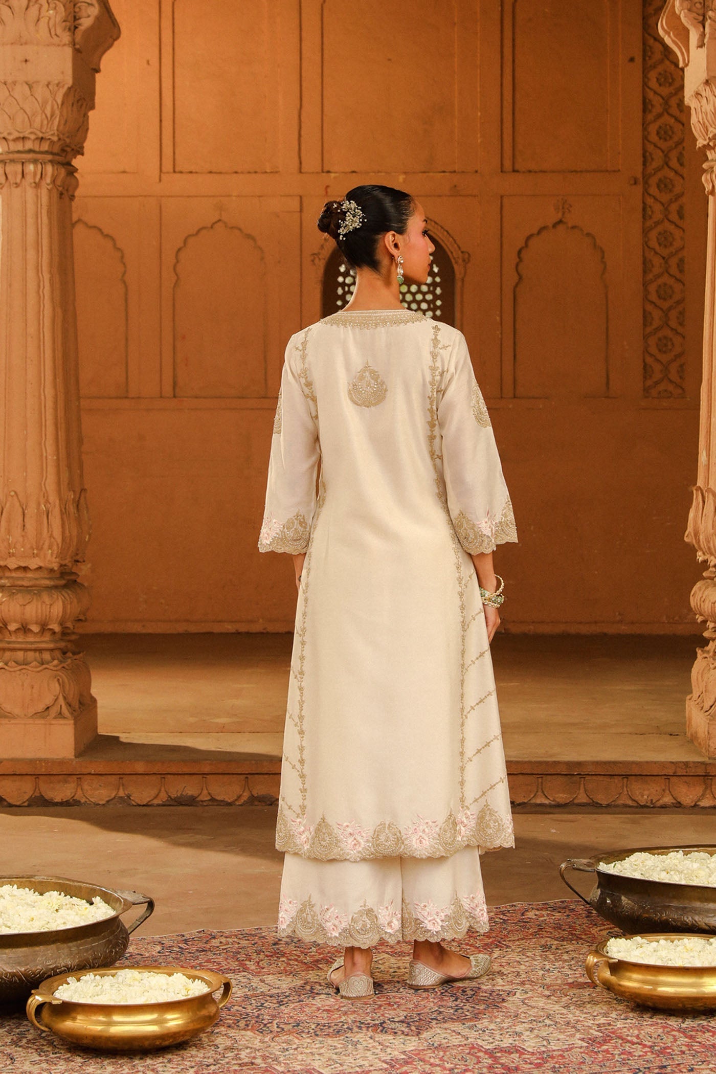 Yusra - Daisy Ivory Long kurta with palazzo and dupatta (Lxrts)