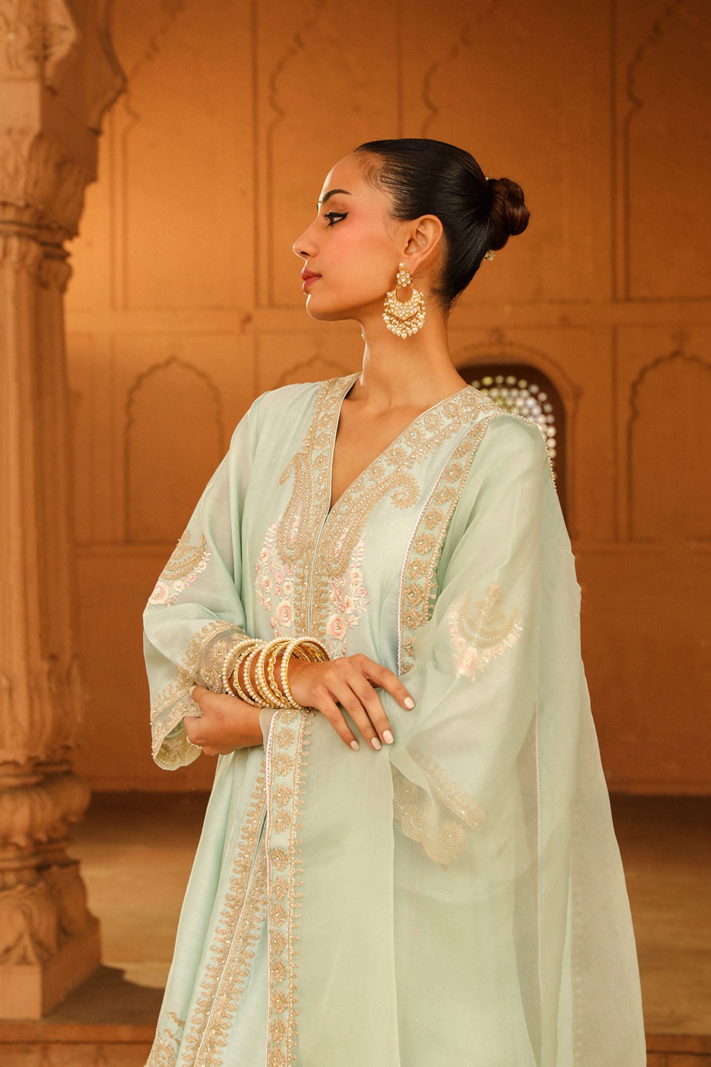 Fajr - Misty Green Short Anarkali with Chooridaar and Dupatta