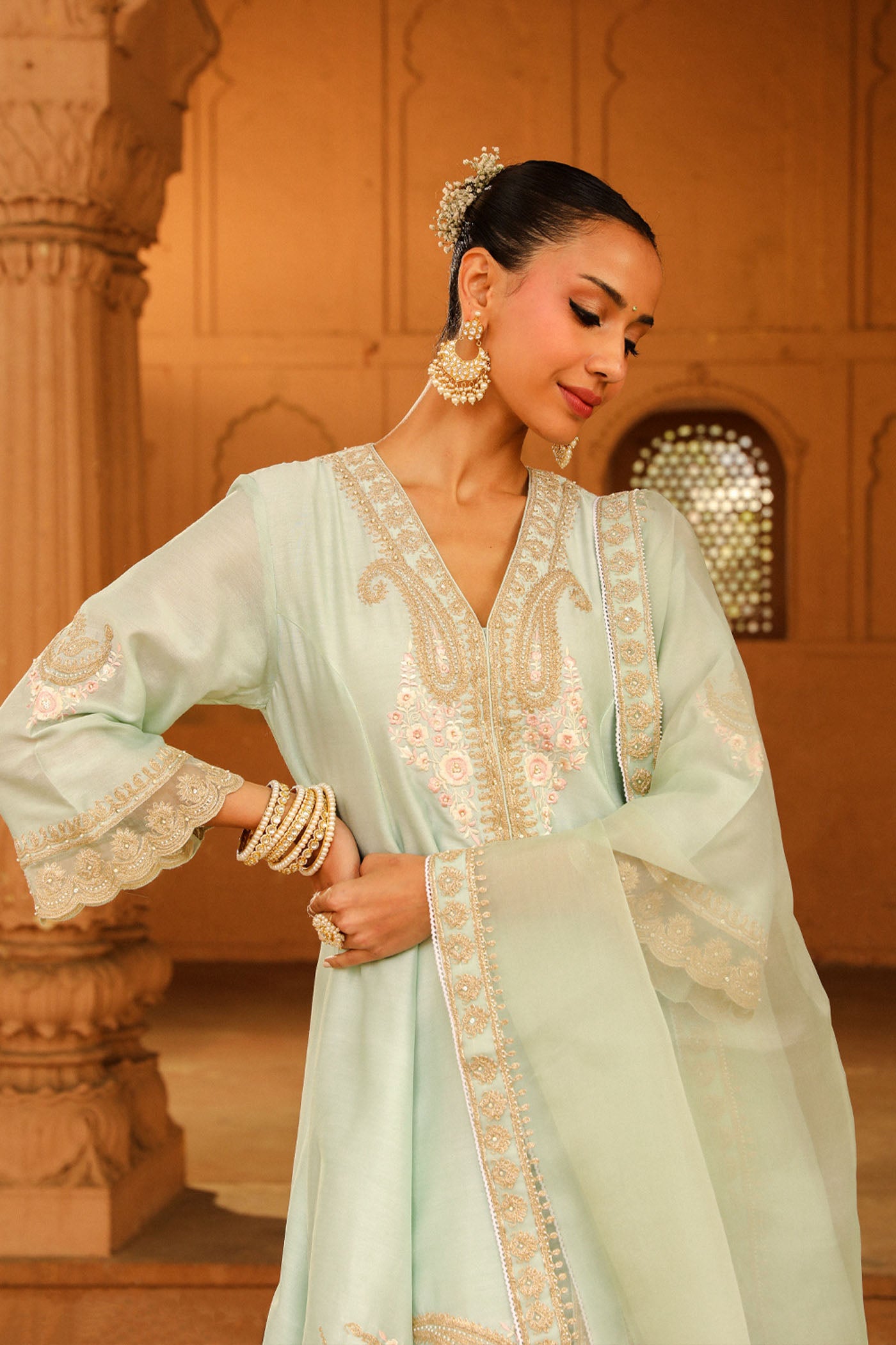 Fajr - Misty Green Short Anarkali with Chooridaar and Dupatta