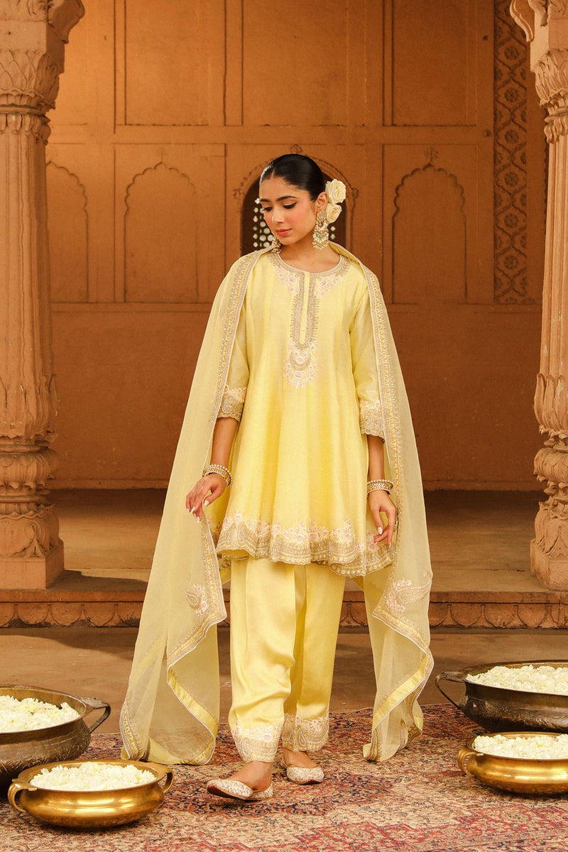 Faria - Lemon Yellow Short Anarkali with Chooridaar and Dupatta