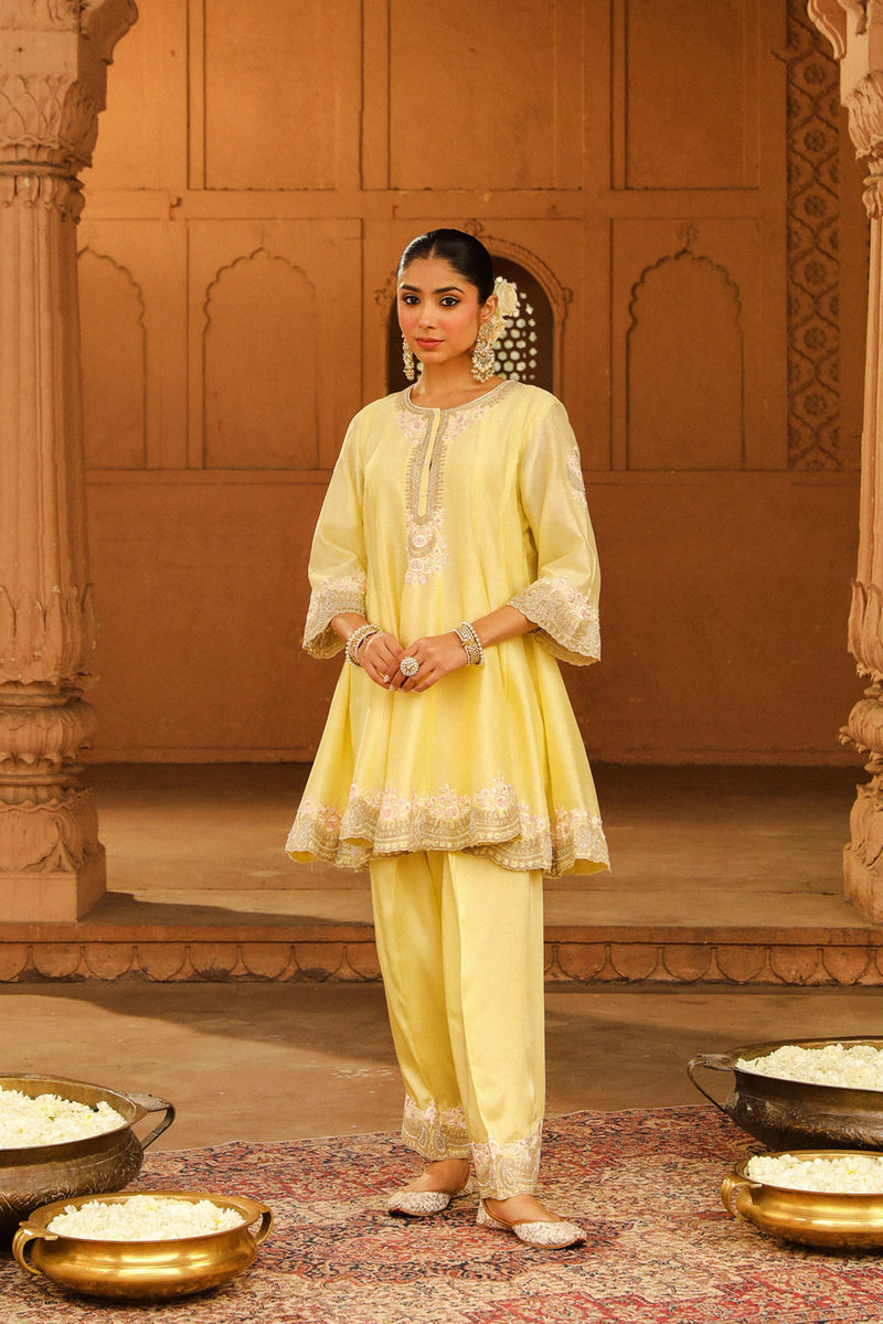Faria - Lemon Yellow Short Anarkali with Chooridaar and Dupatta