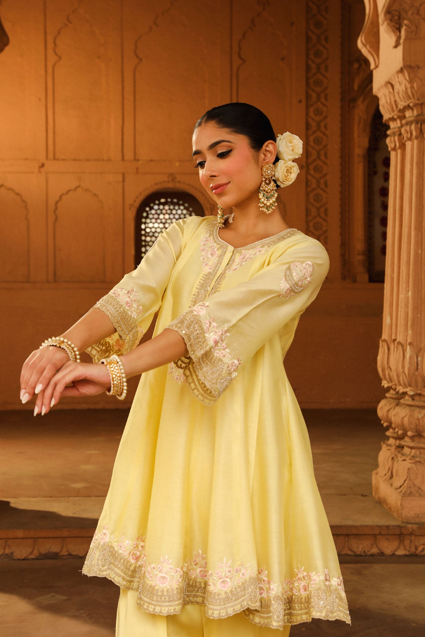 Faria - Lemon Yellow Short Anarkali with Chooridaar and Dupatta