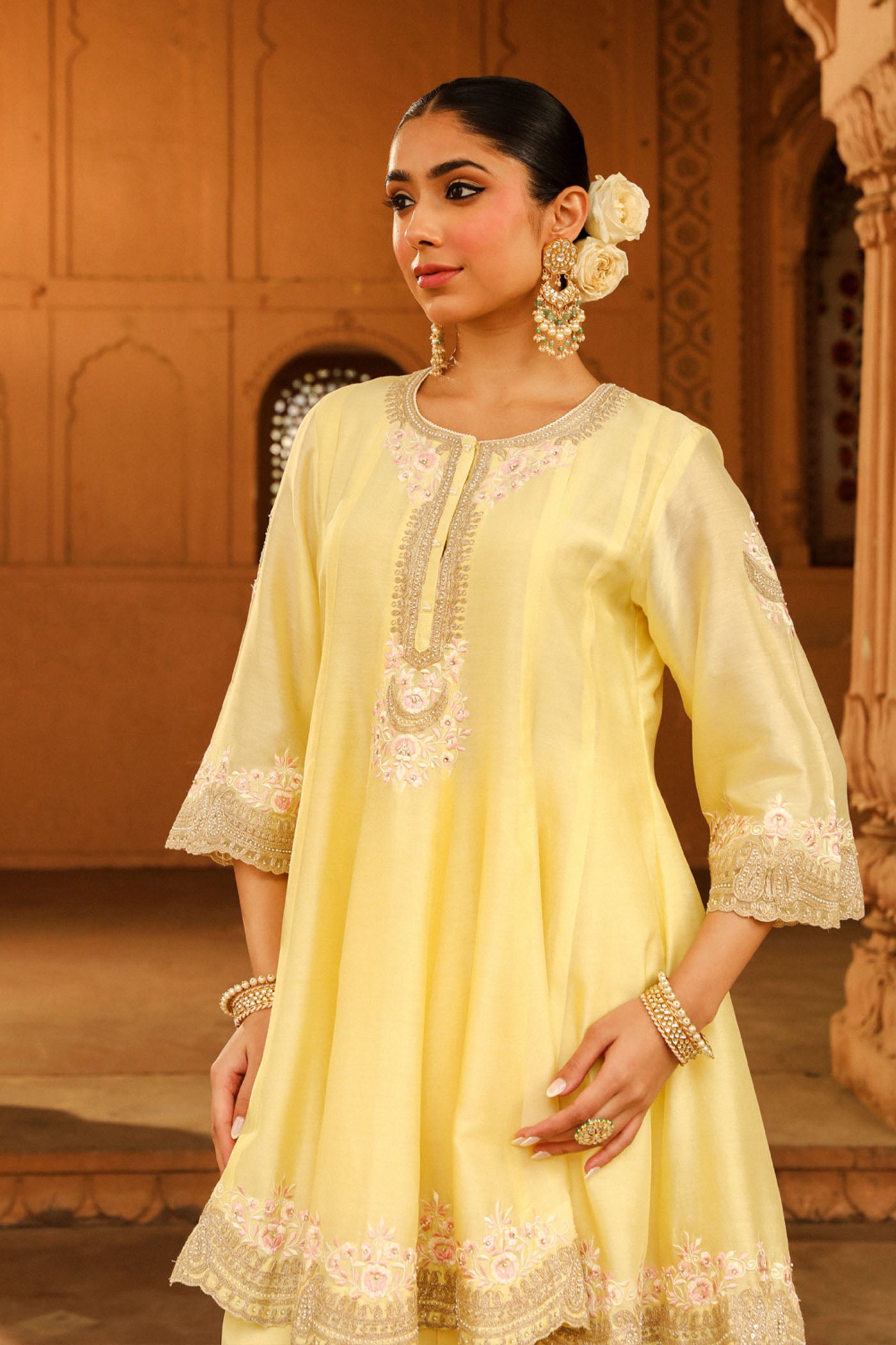 Faria - Lemon Yellow Short Anarkali with Chooridaar and Dupatta