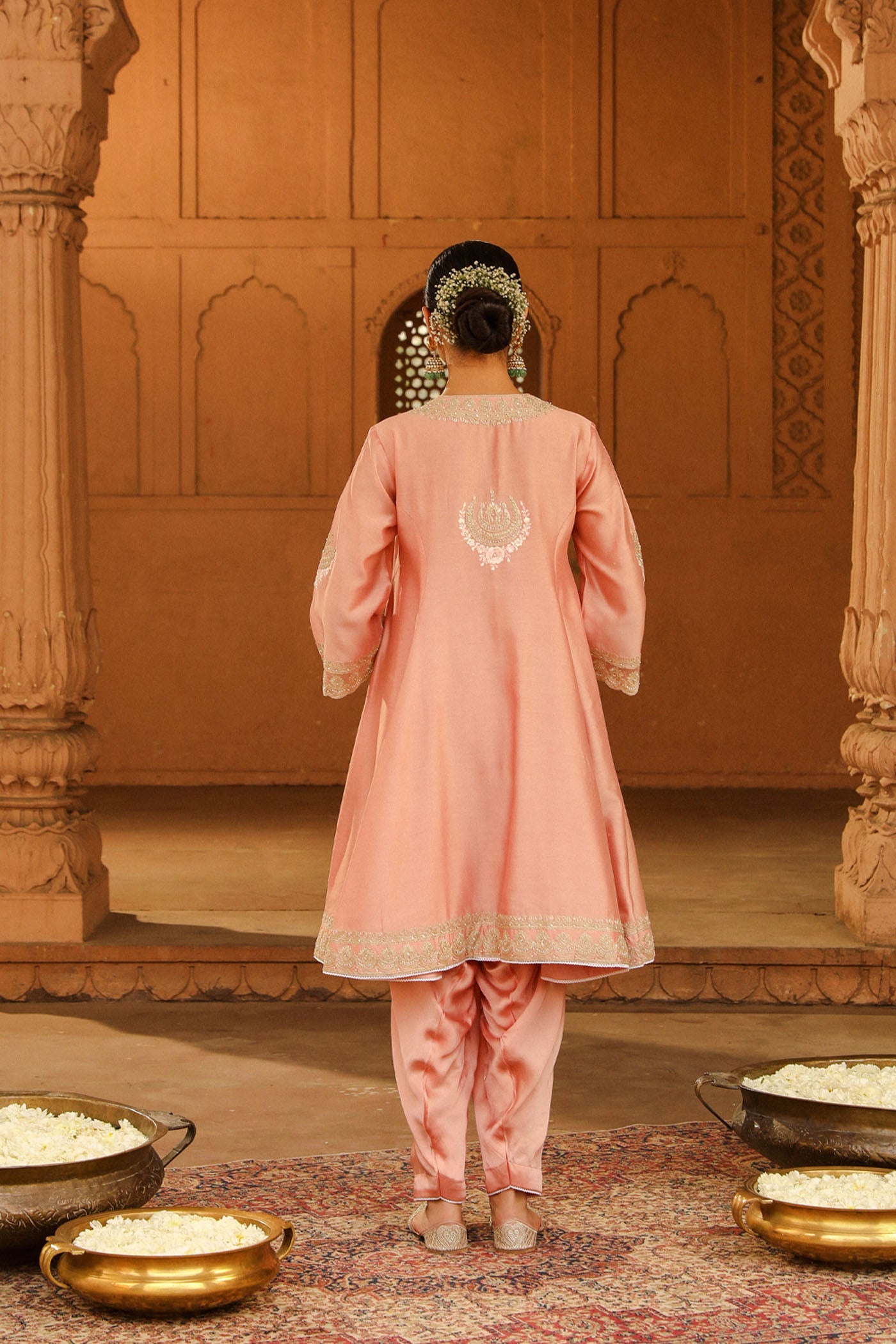 Fajr - Off Rose Short Anarkali with Chooridaar and Dupatta