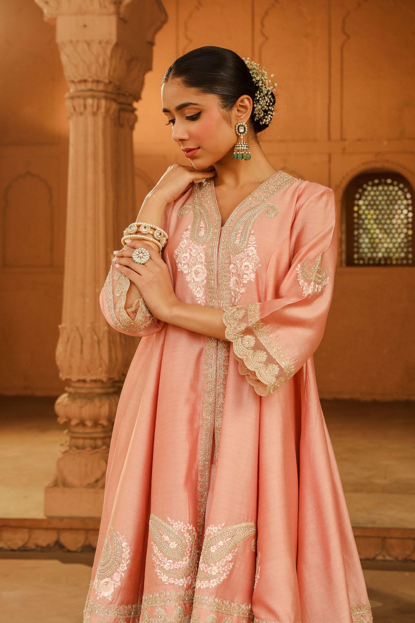 Fajr - Off Rose Short Anarkali with Chooridaar and Dupatta