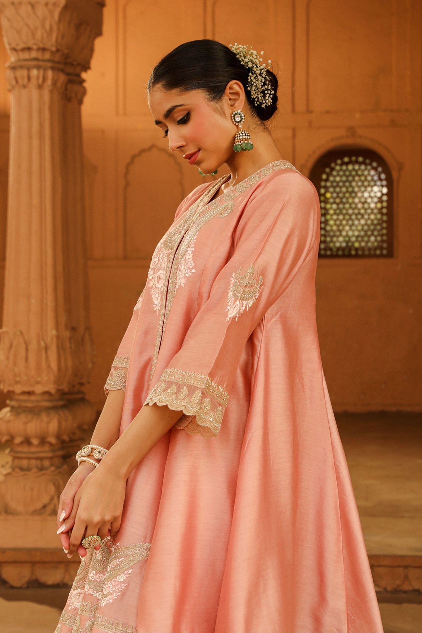 Fajr - Off Rose Short Anarkali with Chooridaar and Dupatta