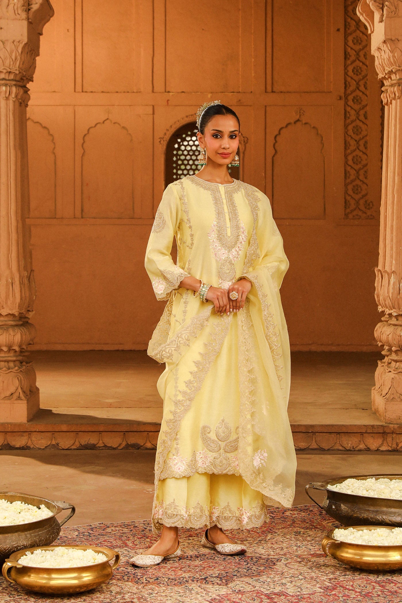 Yusra - Lemon Yellow Long kurta with palazzo and dupatta (Lxrts)