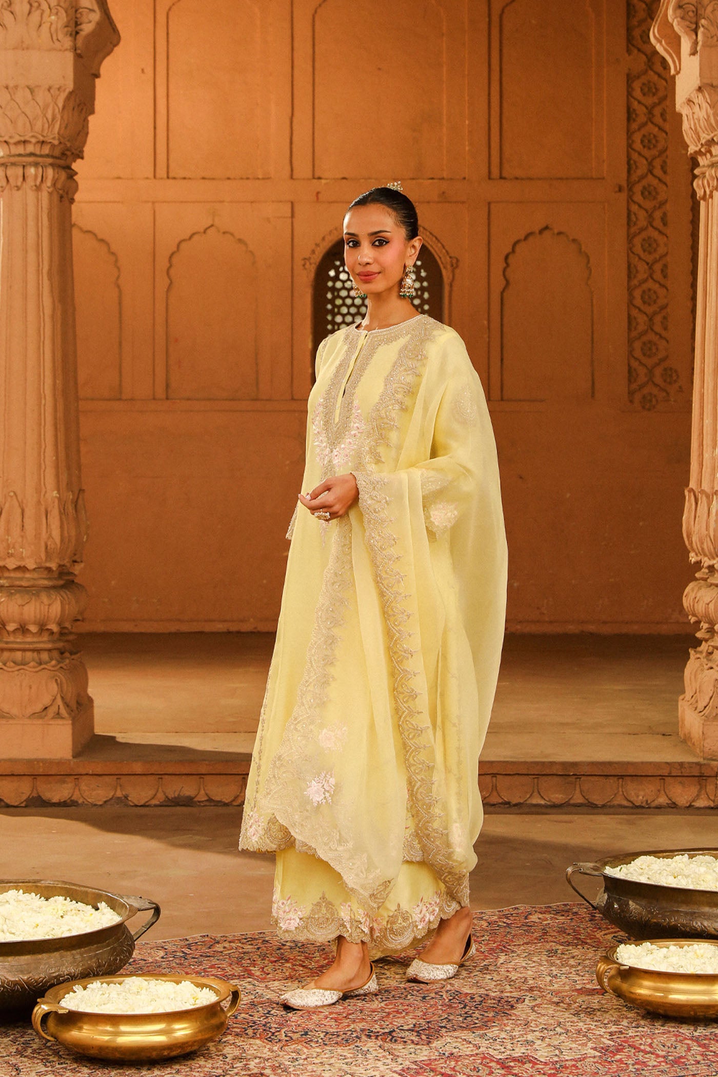 Yusra - Lemon Yellow Long kurta with palazzo and dupatta