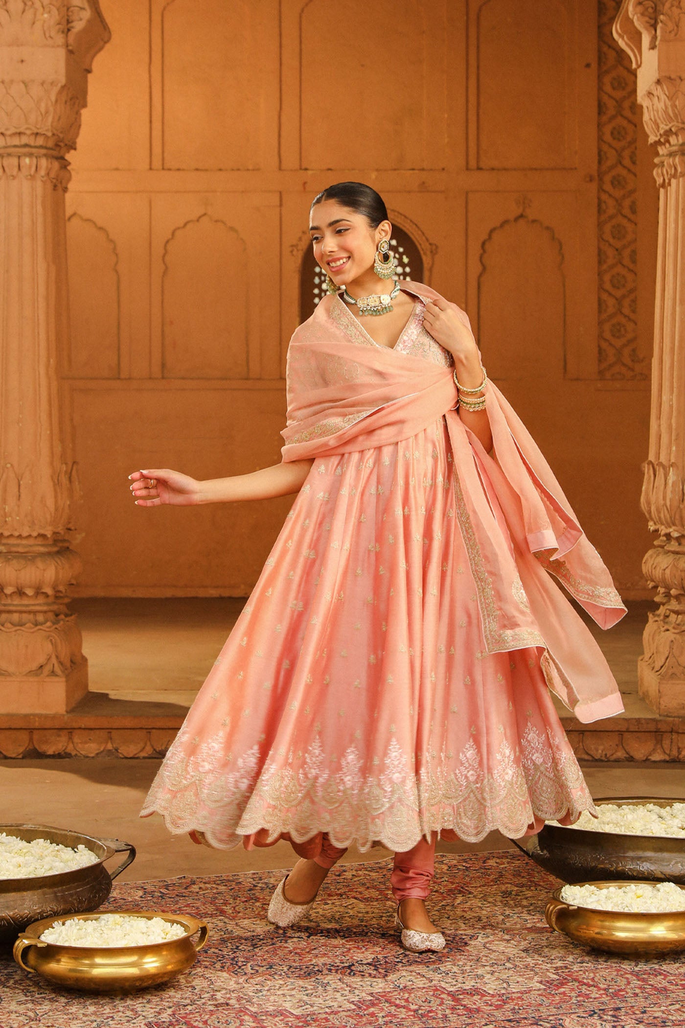 Wasifa - Off Rose Ankle Length Anarkali with Chooridaar and Dupatta