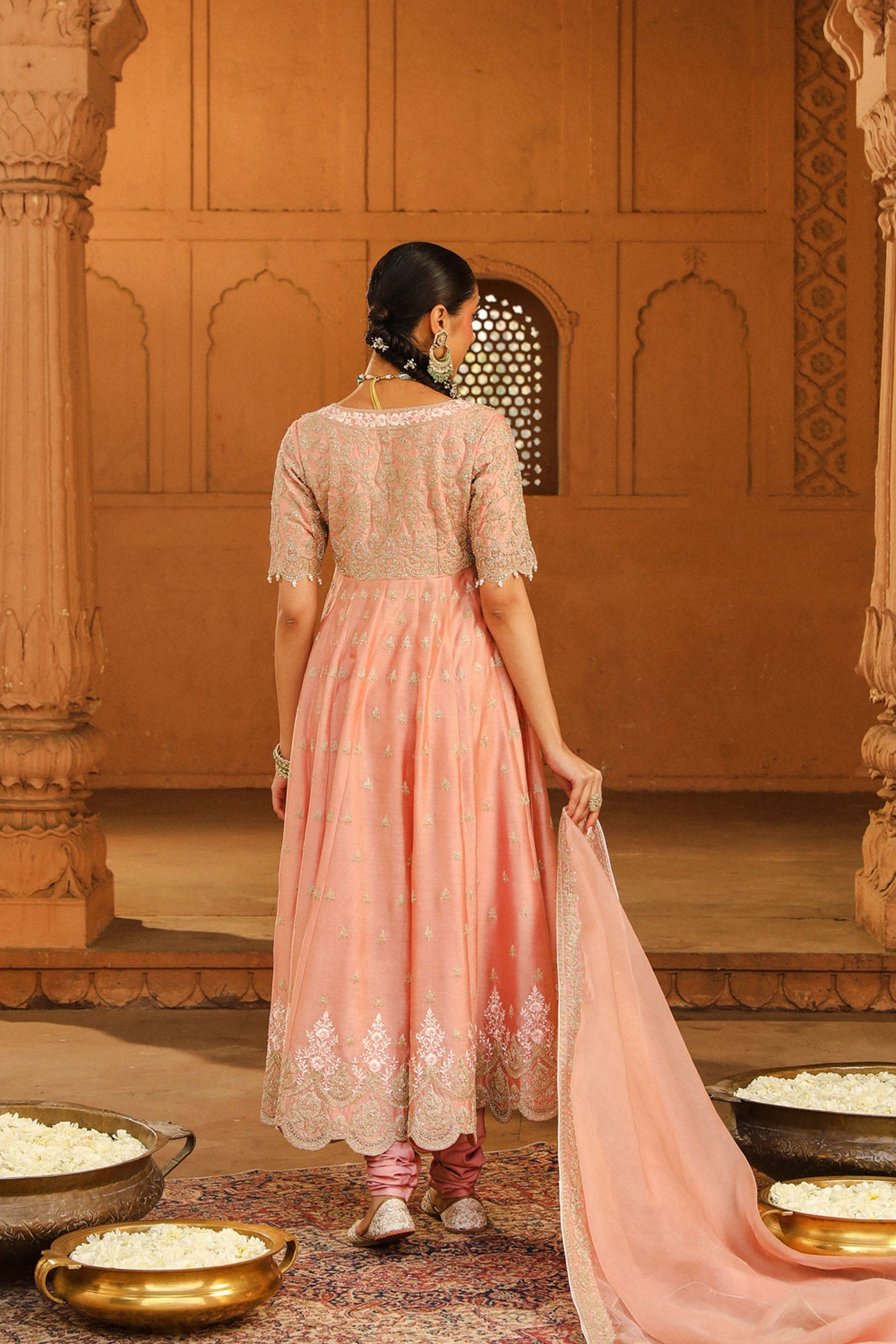 Wasifa - Off Rose Ankle Length Anarkali with Chooridaar and Dupatta