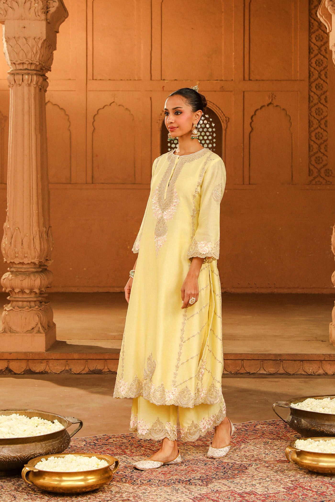 Yusra - Lemon Yellow Long kurta with palazzo and dupatta