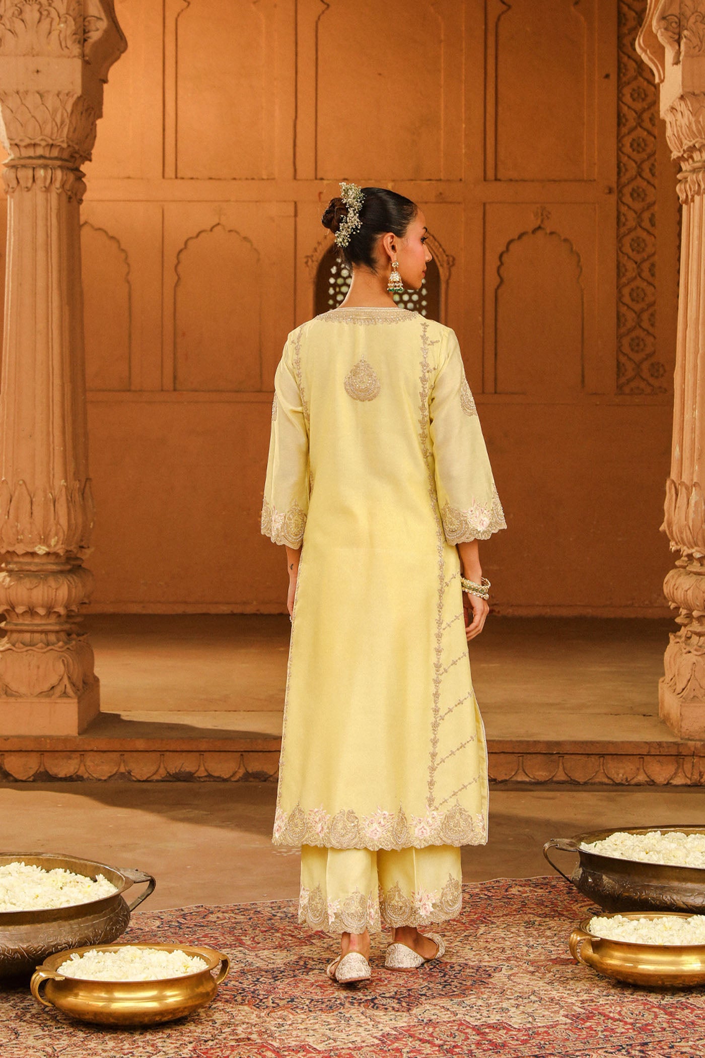 Yusra - Lemon Yellow Long kurta with palazzo and dupatta