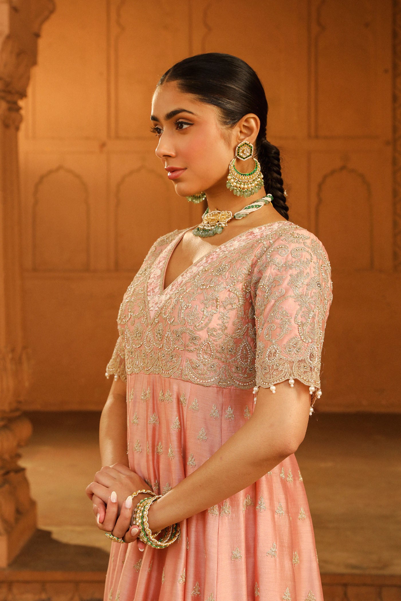 Wasifa - Off Rose Ankle Length Anarkali with Chooridaar and Dupatta