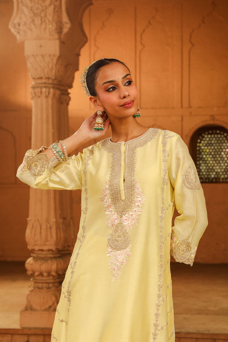 Yusra - Lemon Yellow Long kurta with palazzo and dupatta