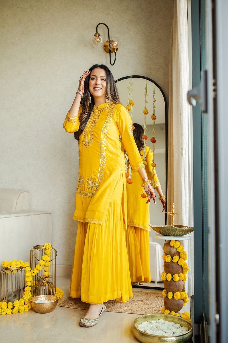 Malvika Rallan In Nasira- Happy Mustard Habutai silk Gota patti embroidered kurta with garara and dupatta