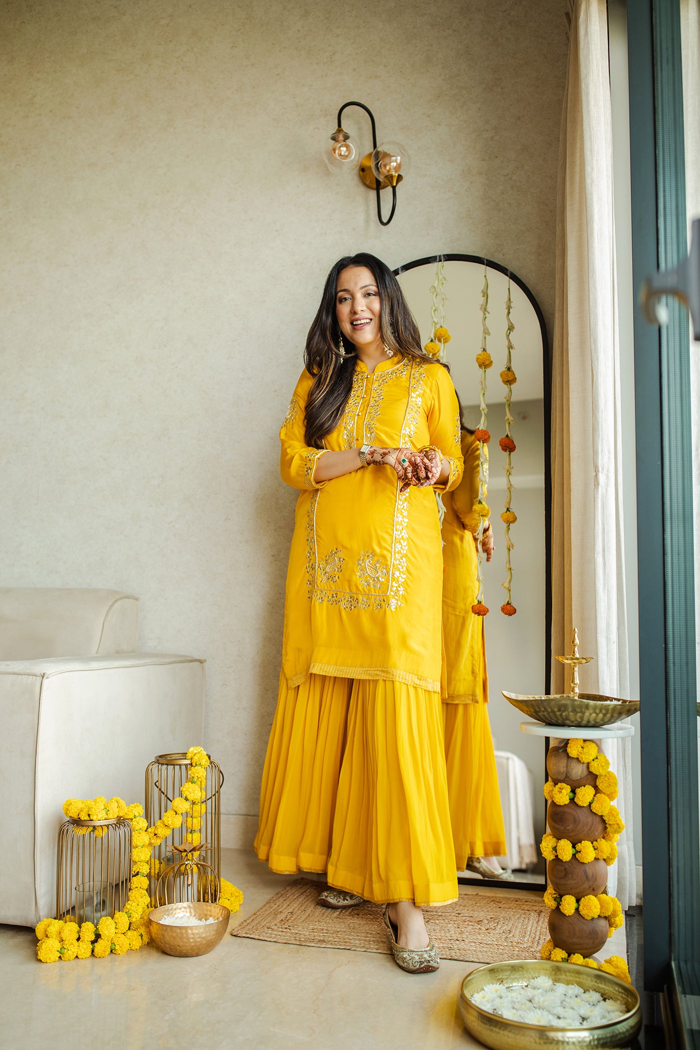 Malvika Rallan In Nasira- Happy Yellow Habutai silk Gota patti embroidered kurta with garara and dupatta