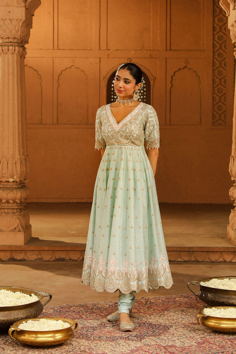 Wasifa - Misty Green Ankle Length Anarkali with Chooridaar and Dupatta