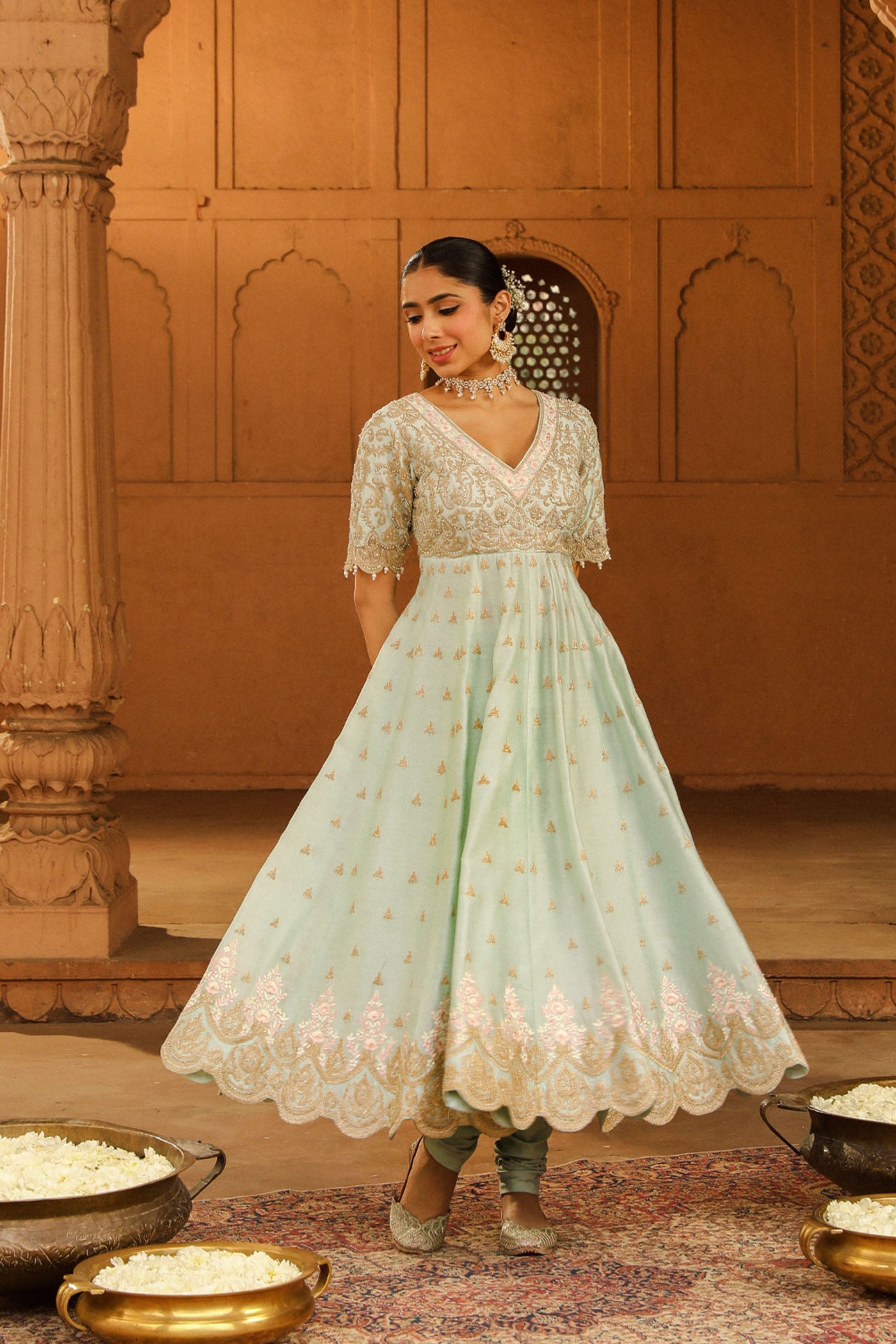 Wasifa - Misty Green Ankle Length Anarkali with Chooridaar and Dupatta