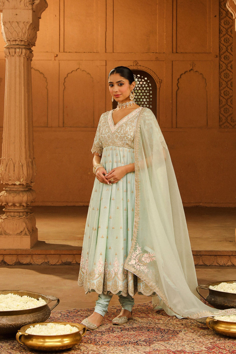 Wasifa - Misty Green Ankle Length Anarkali with Chooridaar and Dupatta (Lxrts)