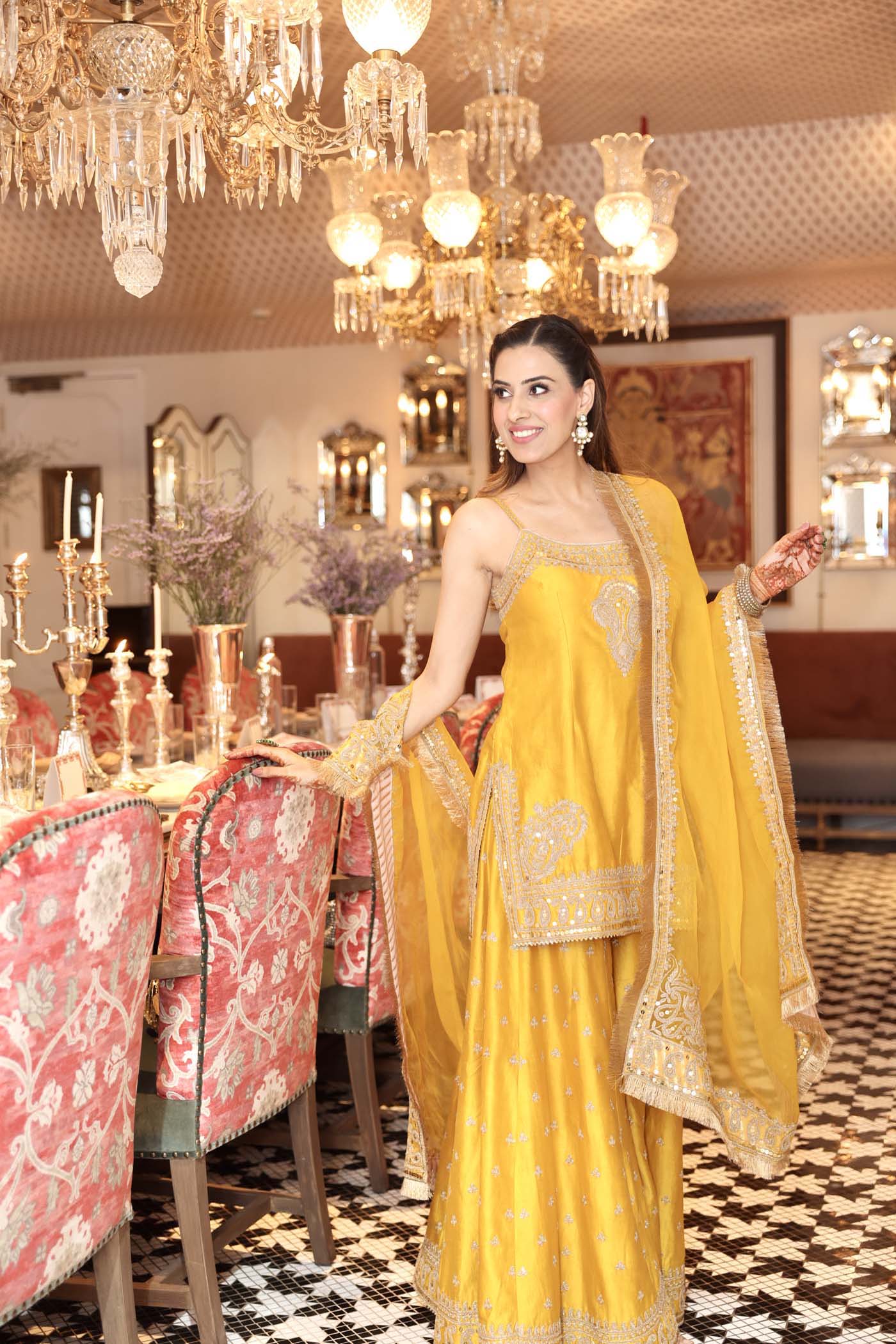 Shruti Juneja In AABROO - GLAZE MUSTARD SHORT KURTA WITH SHARARA AND DUPATTA