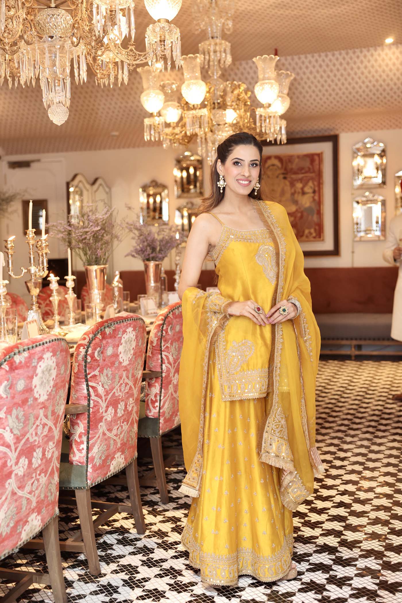 Shruti Juneja In AABROO - GLAZE MUSTARD SHORT KURTA WITH SHARARA AND DUPATTA