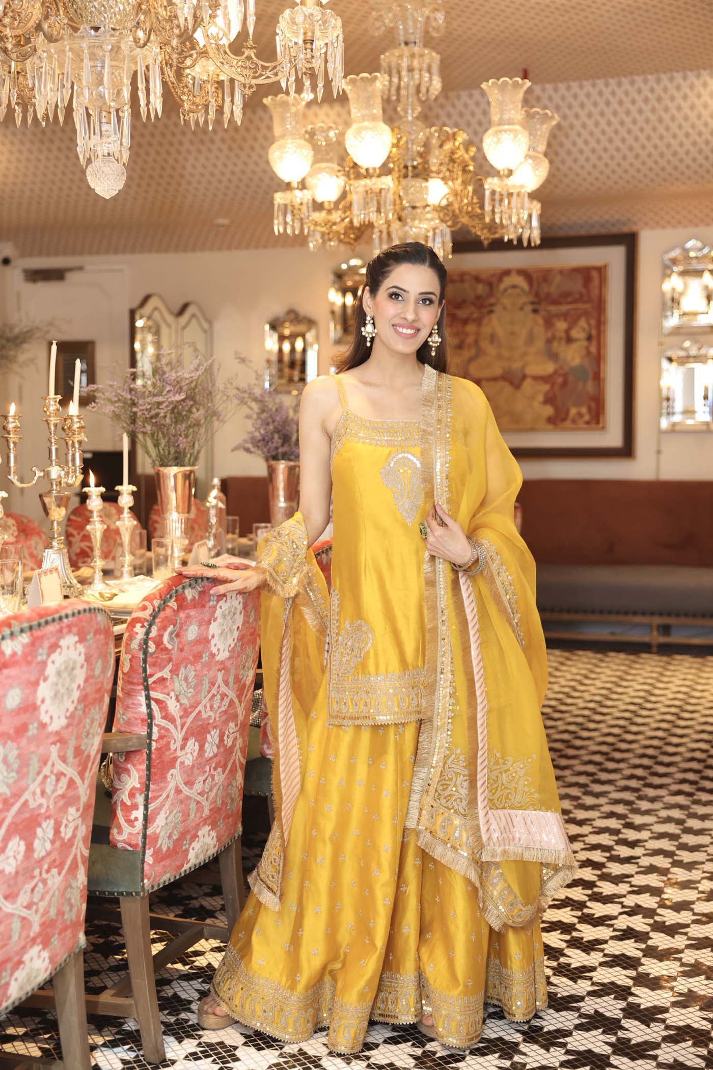 Shruti Juneja In AABROO - GLAZE MUSTARD SHORT KURTA WITH SHARARA AND DUPATTA