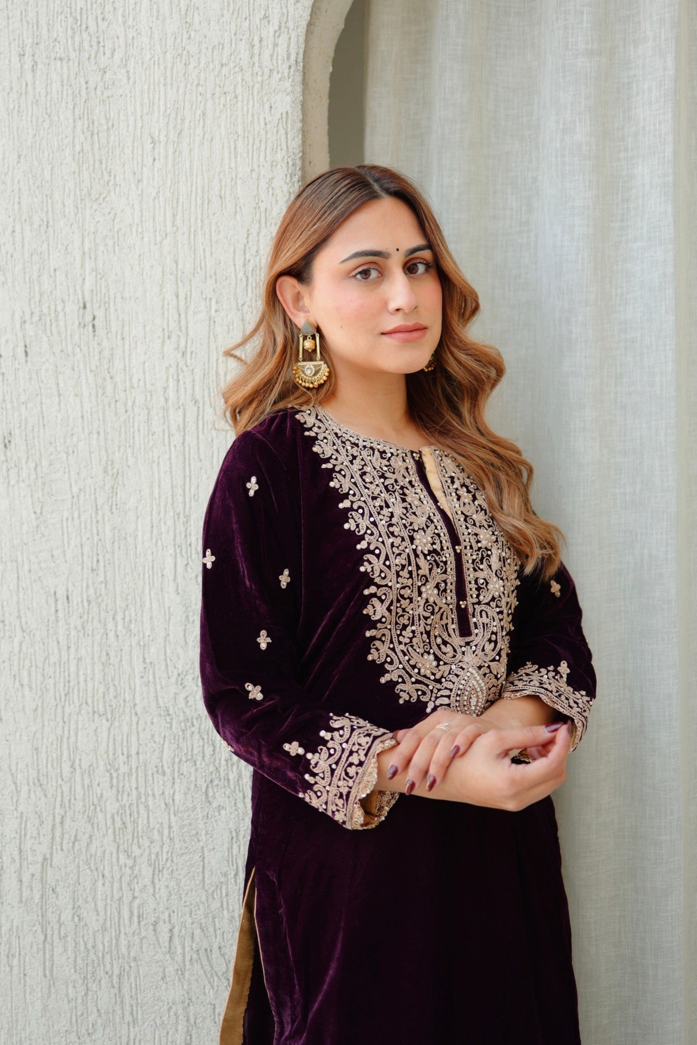 Naima - Wine Silk Velvet Short Kurta with Salwar (LXRTS)