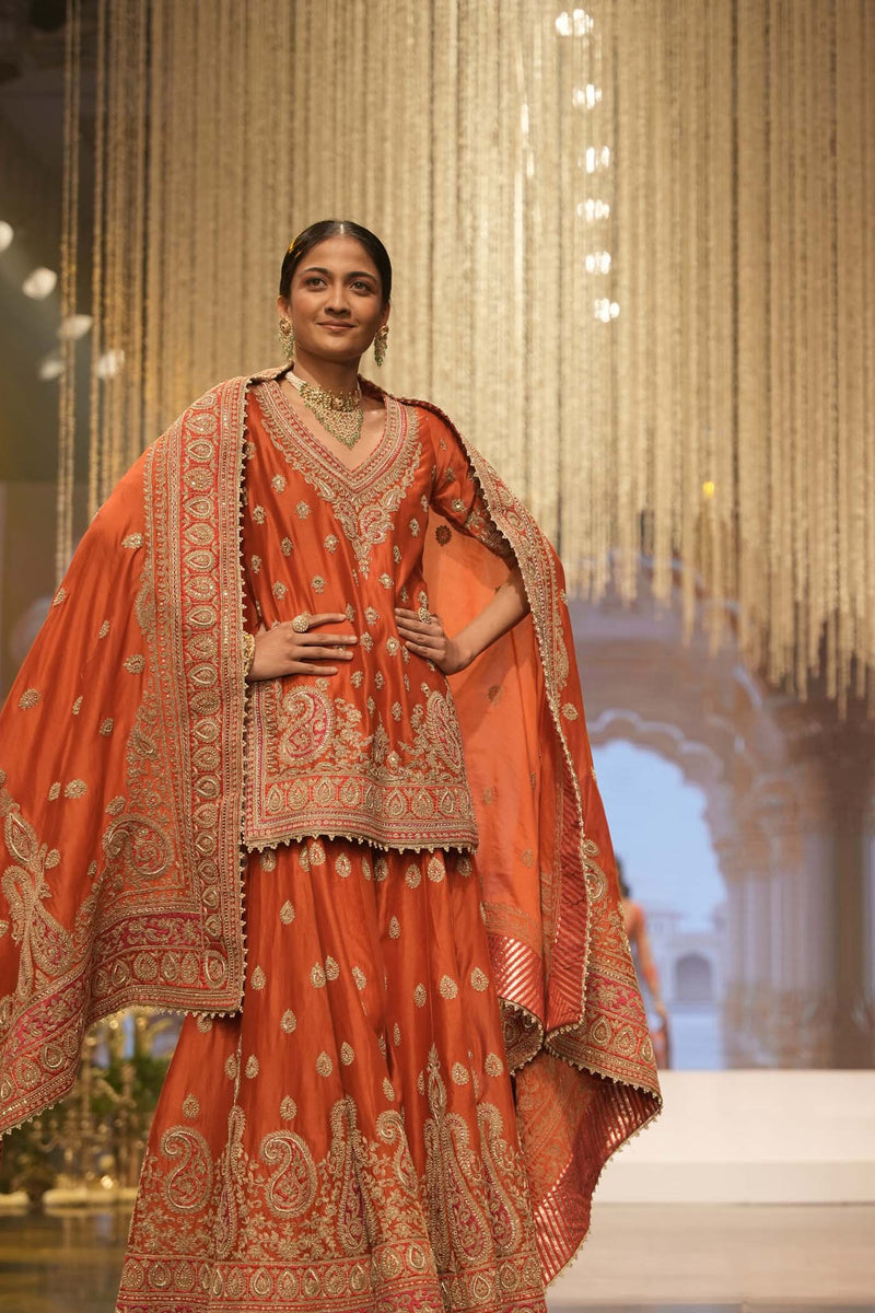 Shazfa - Burnt Orange Short Kurta with Sharara (Lxrts)