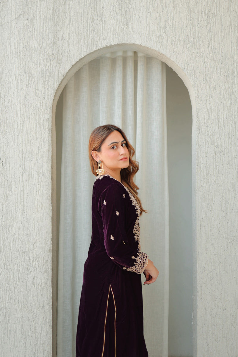 Naima -Wine Silk Velvet Short Kurta with Salwar