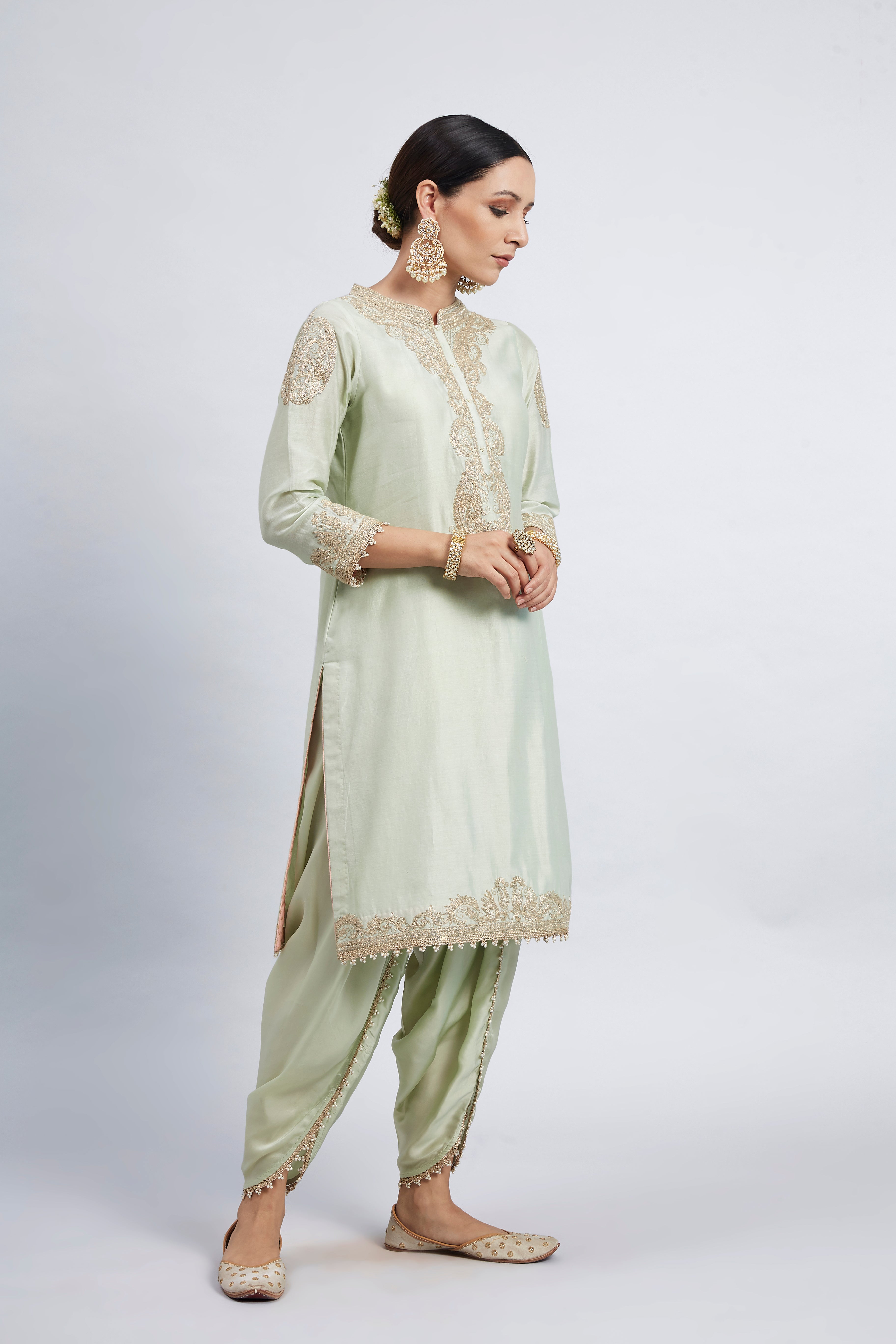 Aabisah- Mint Green Embroidered Kurta With Dhoti