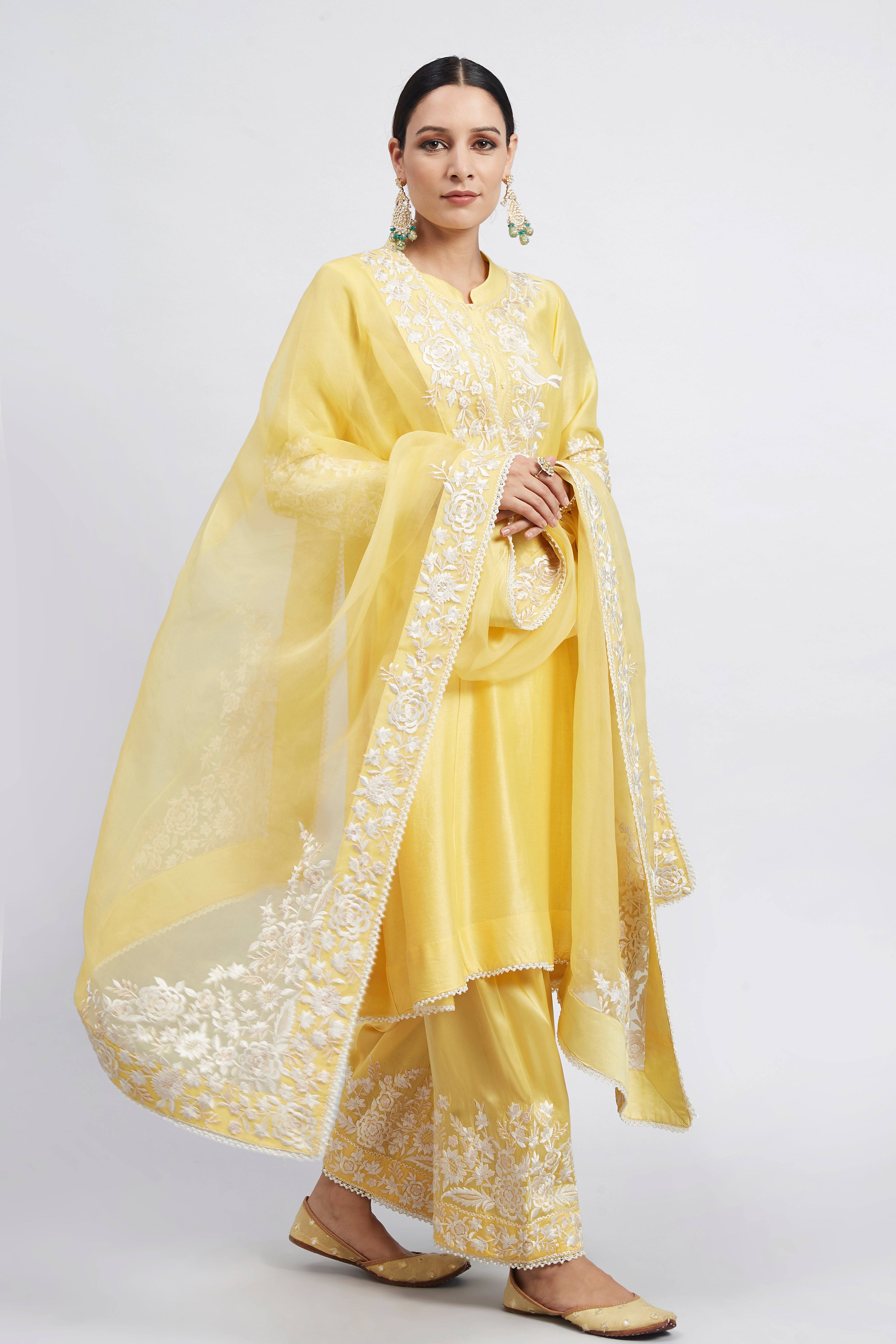 Kaina- Daffodil Yellow Pure chanderi silk embroidered ensemble