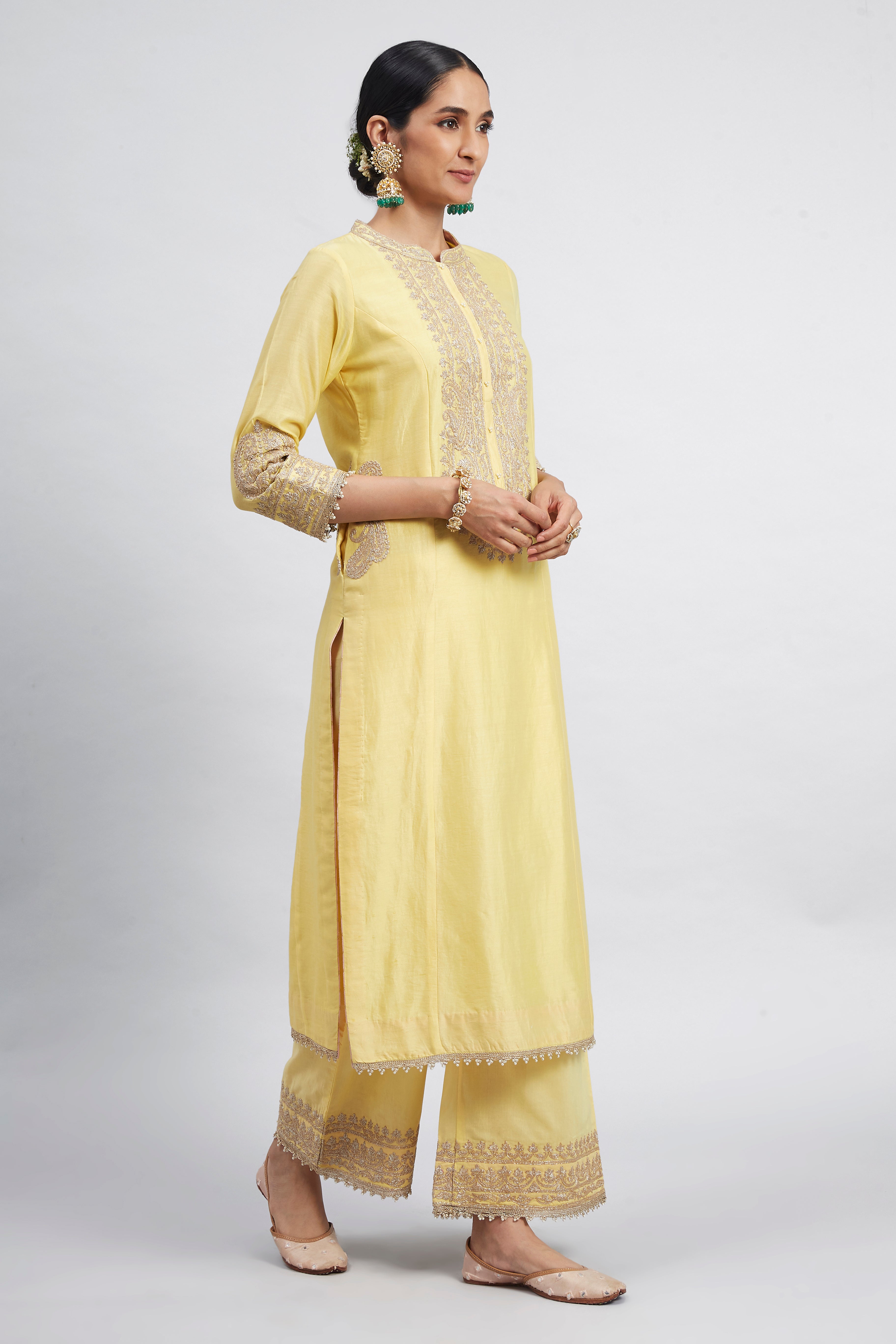 Aadirah- Daffodil Yellow Embroidered Kurta Set With Side Pockets