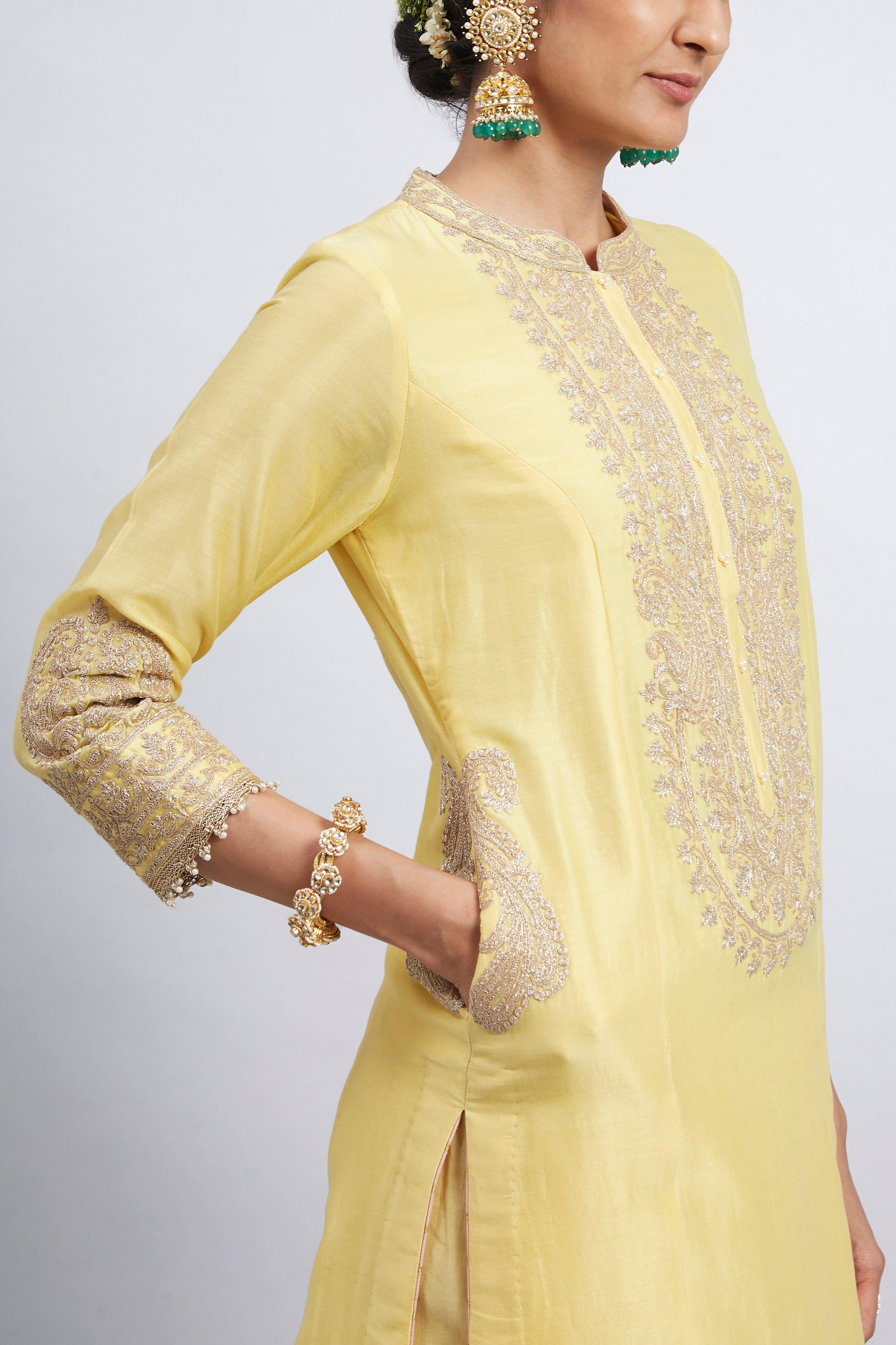 Aadirah- Daffodil Yellow Embroidered Kurta Set With Side Pockets