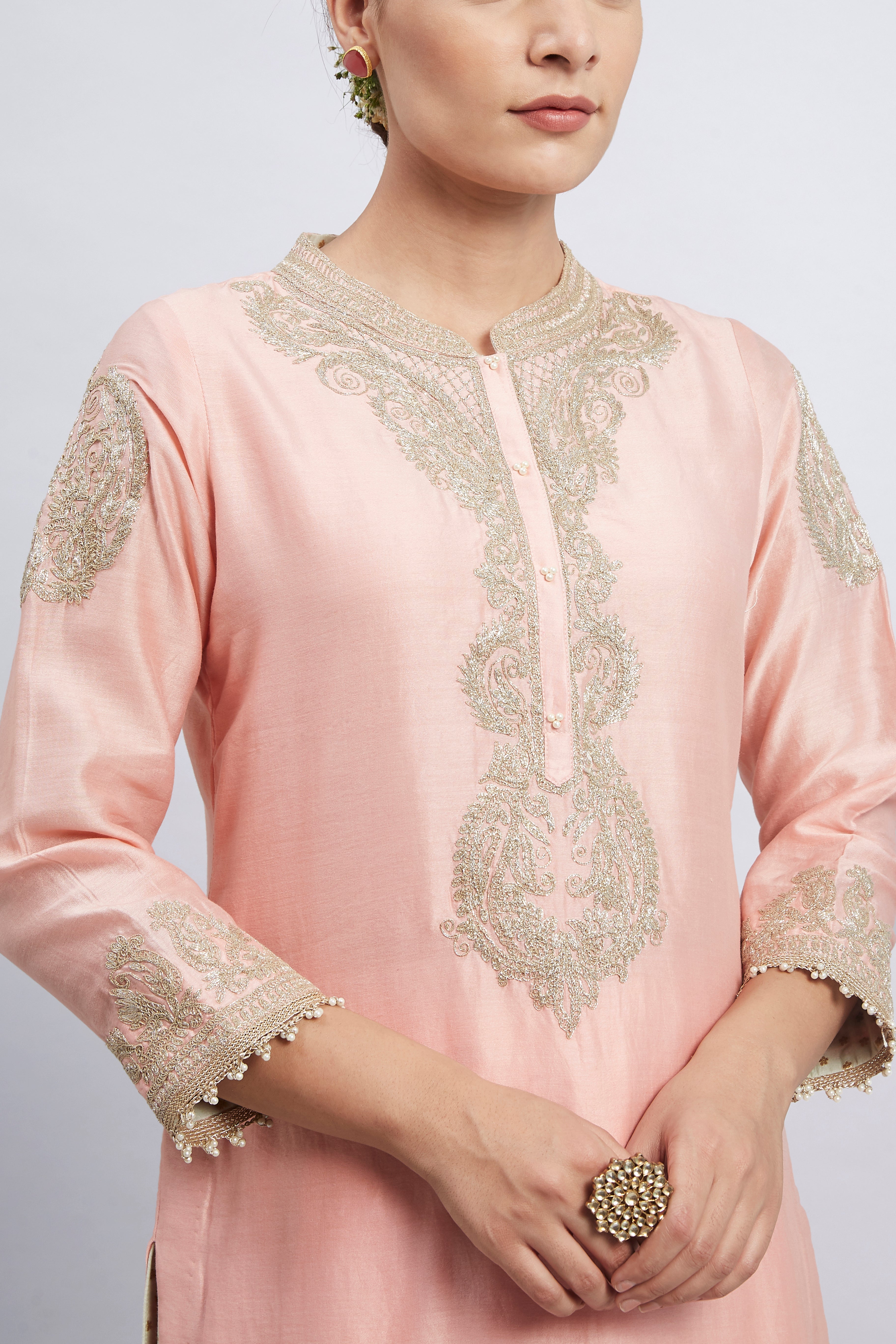 Aabisah- Carnation Pink Embroidered Kurta With Dhoti