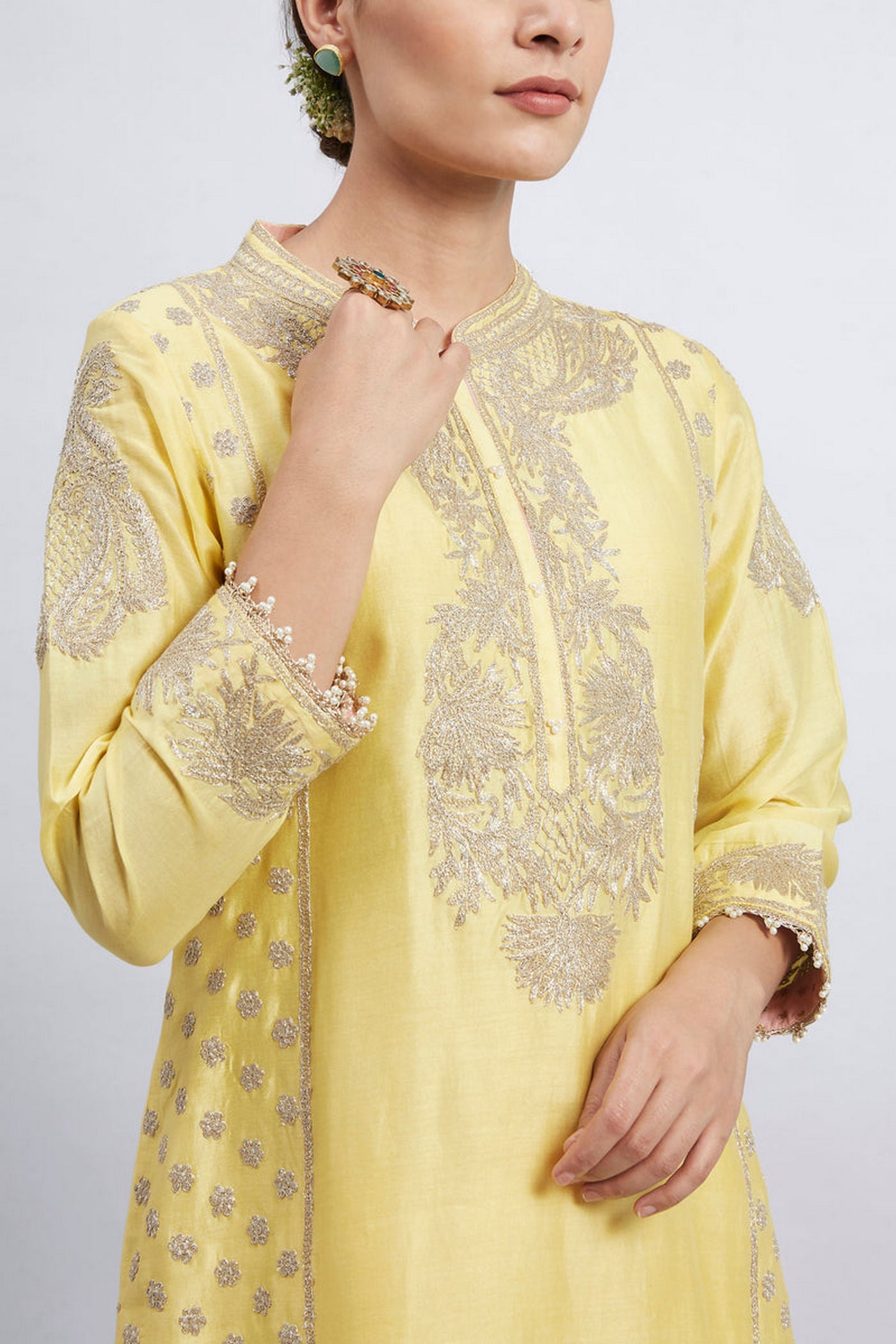 Aabish Mustard  Pearl Embroidered Kurta Set